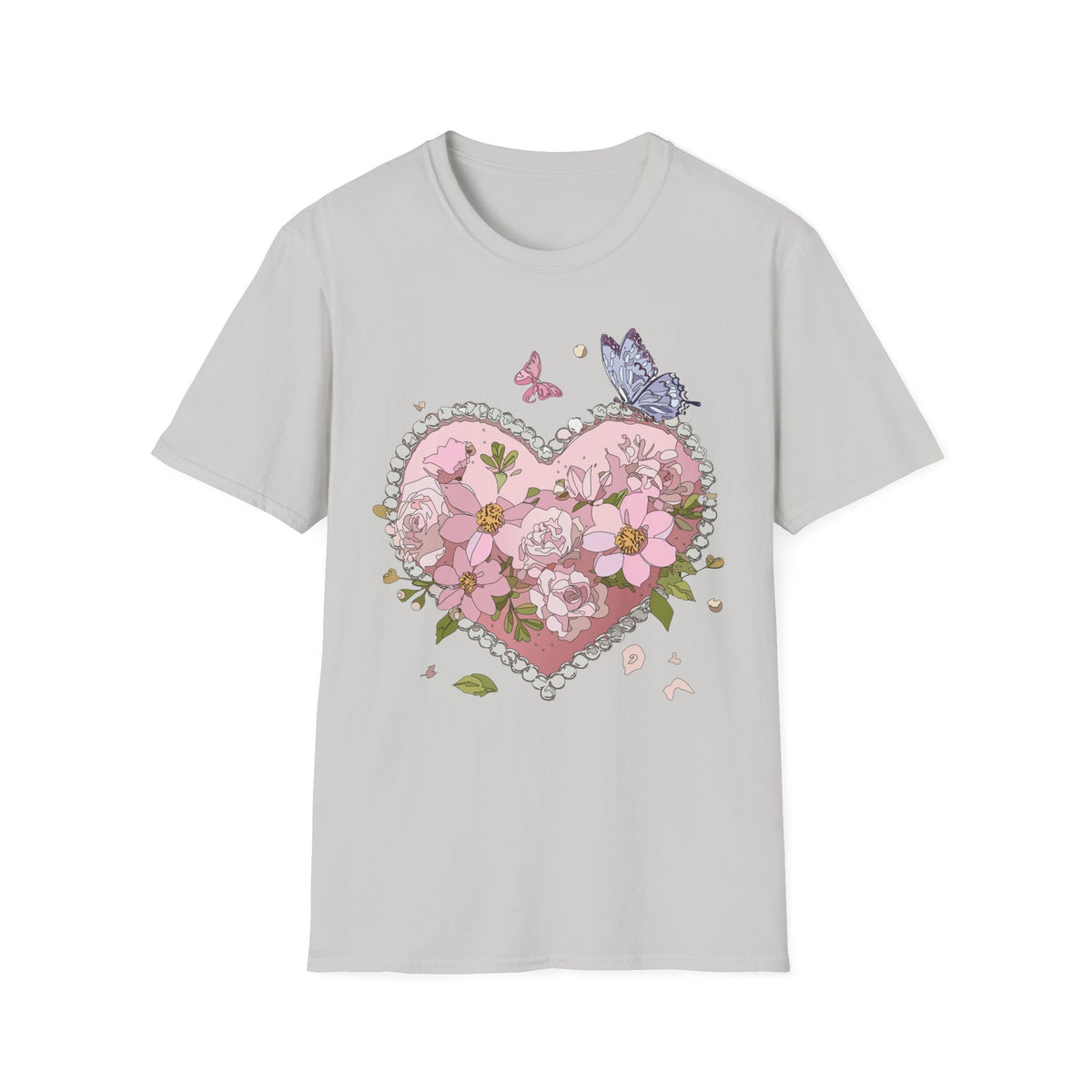 Floral Heart with Butterflies T-Shirt | Pink Flower Heart Graphic Tee Unisex 100 Cotton Gildan T-Shirt