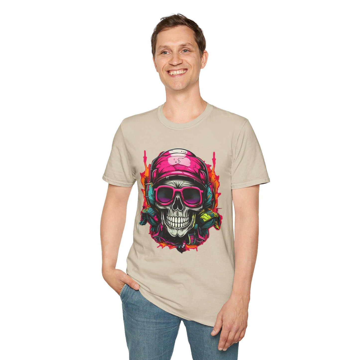 Unisex Skull Tee Shirt With Skeleton Design Gildan Softstyle 64000 Ring Spun Cotton