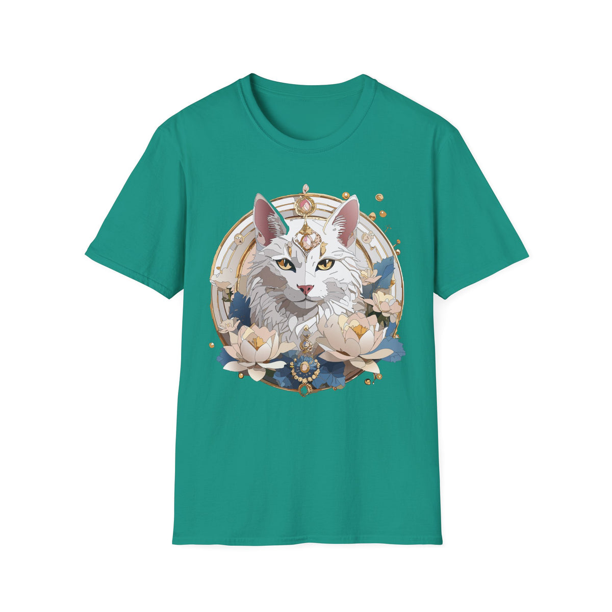 Mystic Moon Cat T-Shirt | Crescent, Floral, Magical Cat Portrait