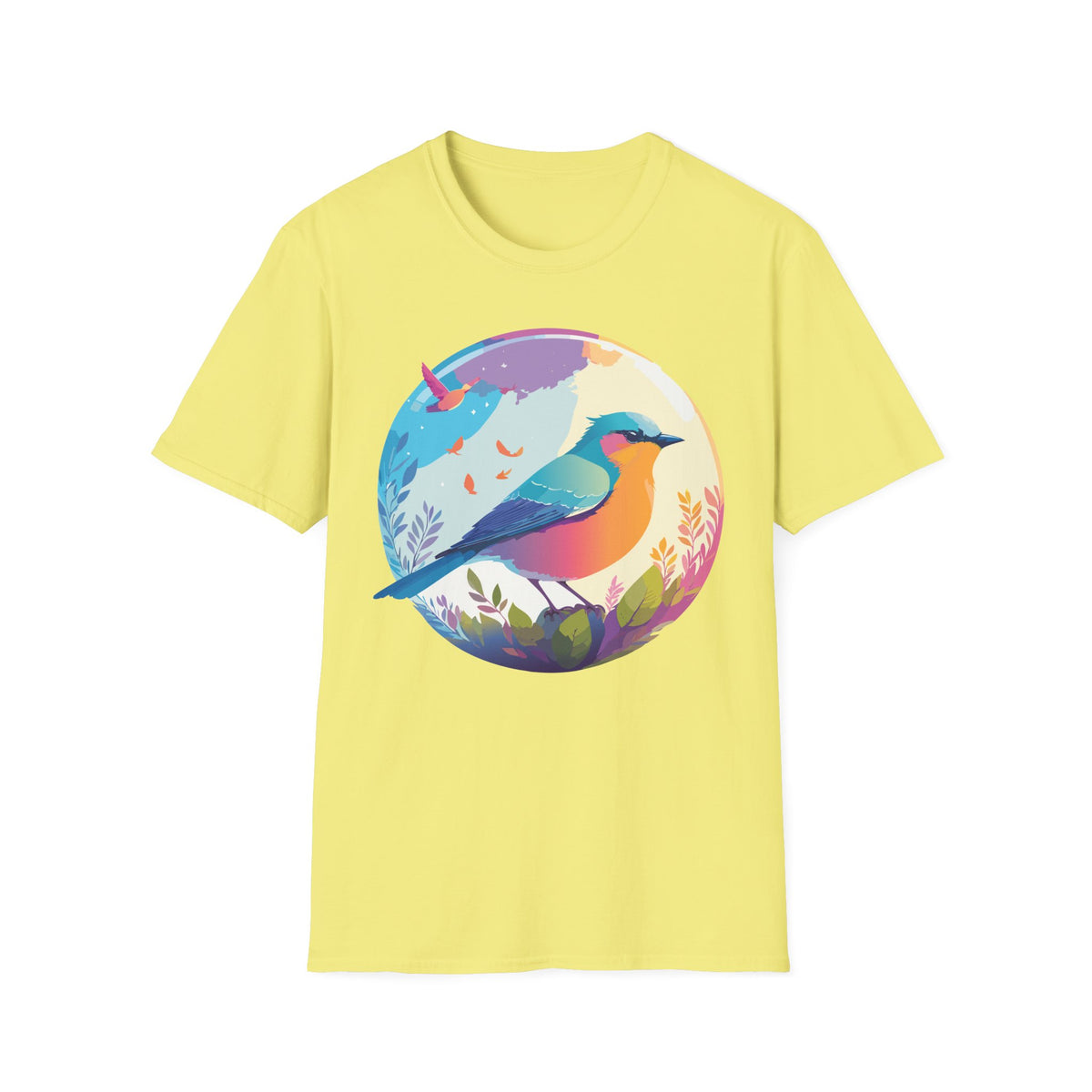 Colorful Bird Illustration T-Shirt | Rainbow Songbird Circle Art