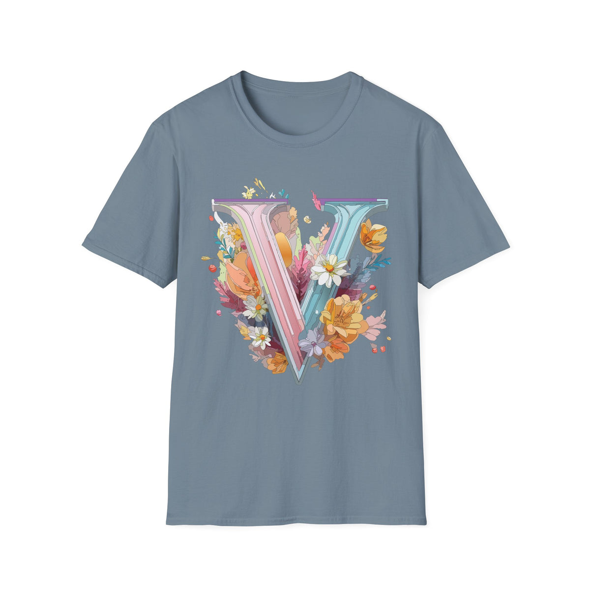 Floral Letter V T-Shirt | Pastel Botanical Initial Tee
