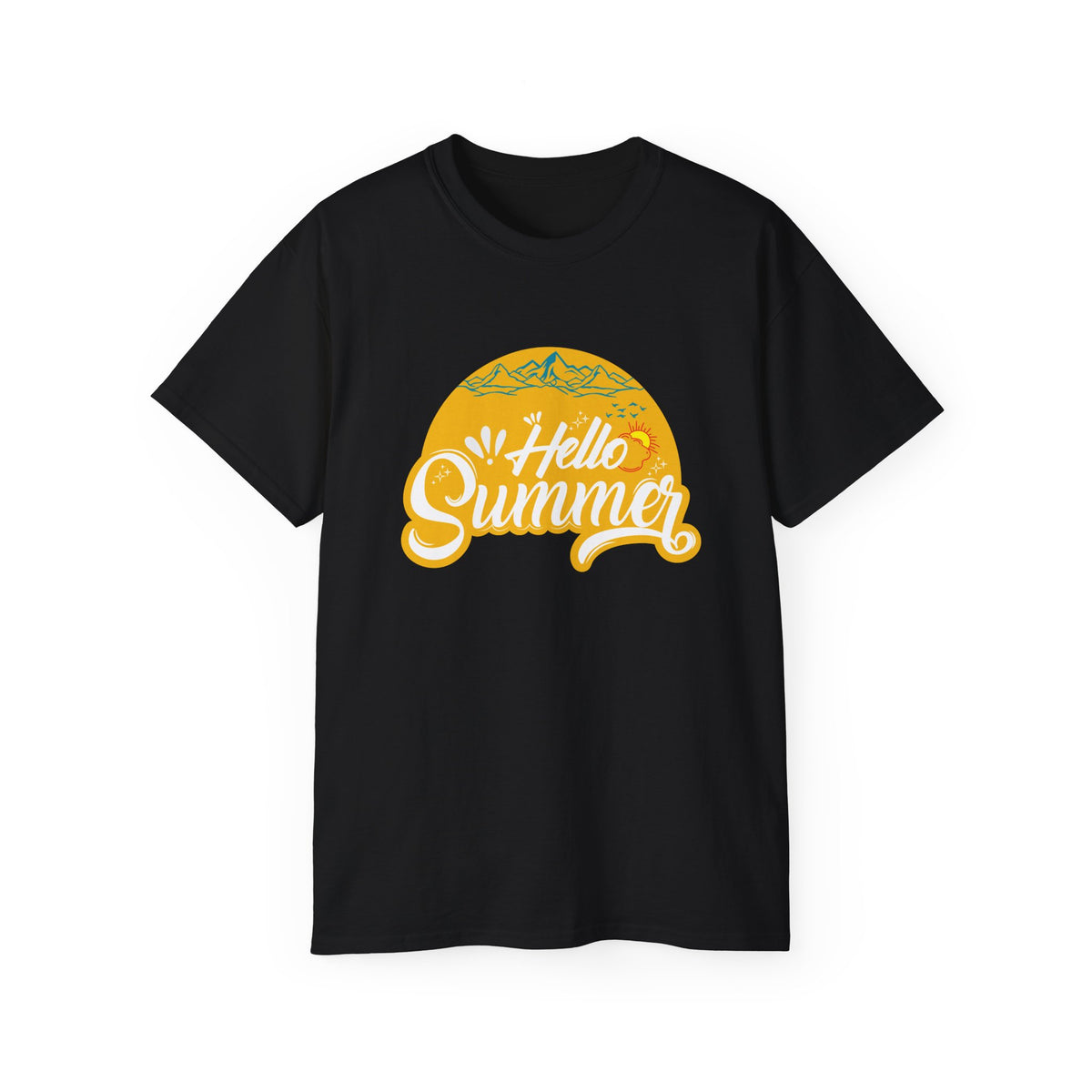 Hello Summer graphic Tee | Retro sun script design, black t-shirt