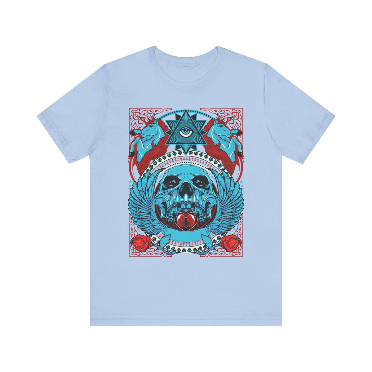 All-Seeing Skull Illustration Tee Winged Skull Third Eye Roses T-Shirt