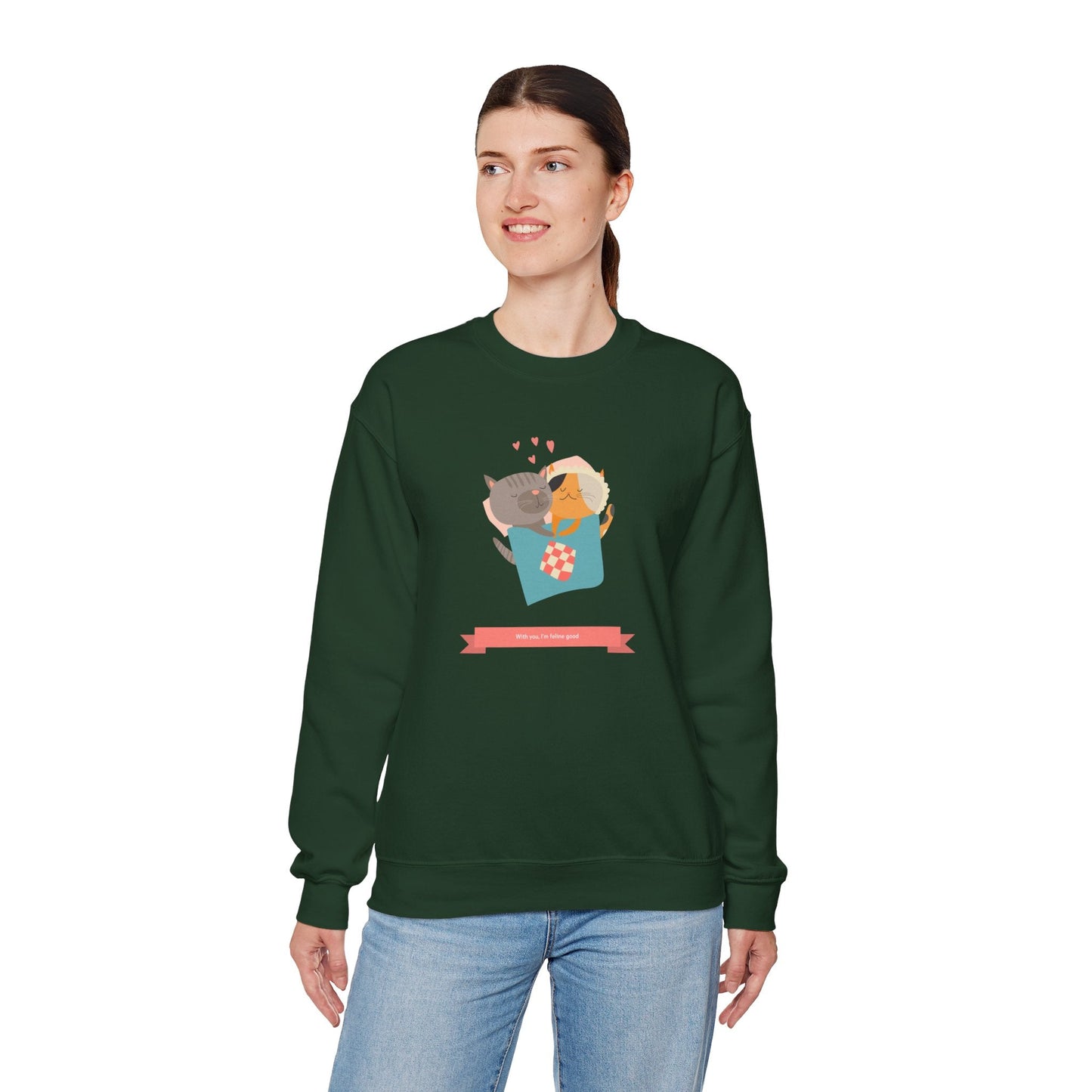 Cat Heart Sweatshirt Unisex Valentines Day 50 50 Cotton Poly Crewneck Gildan 18000