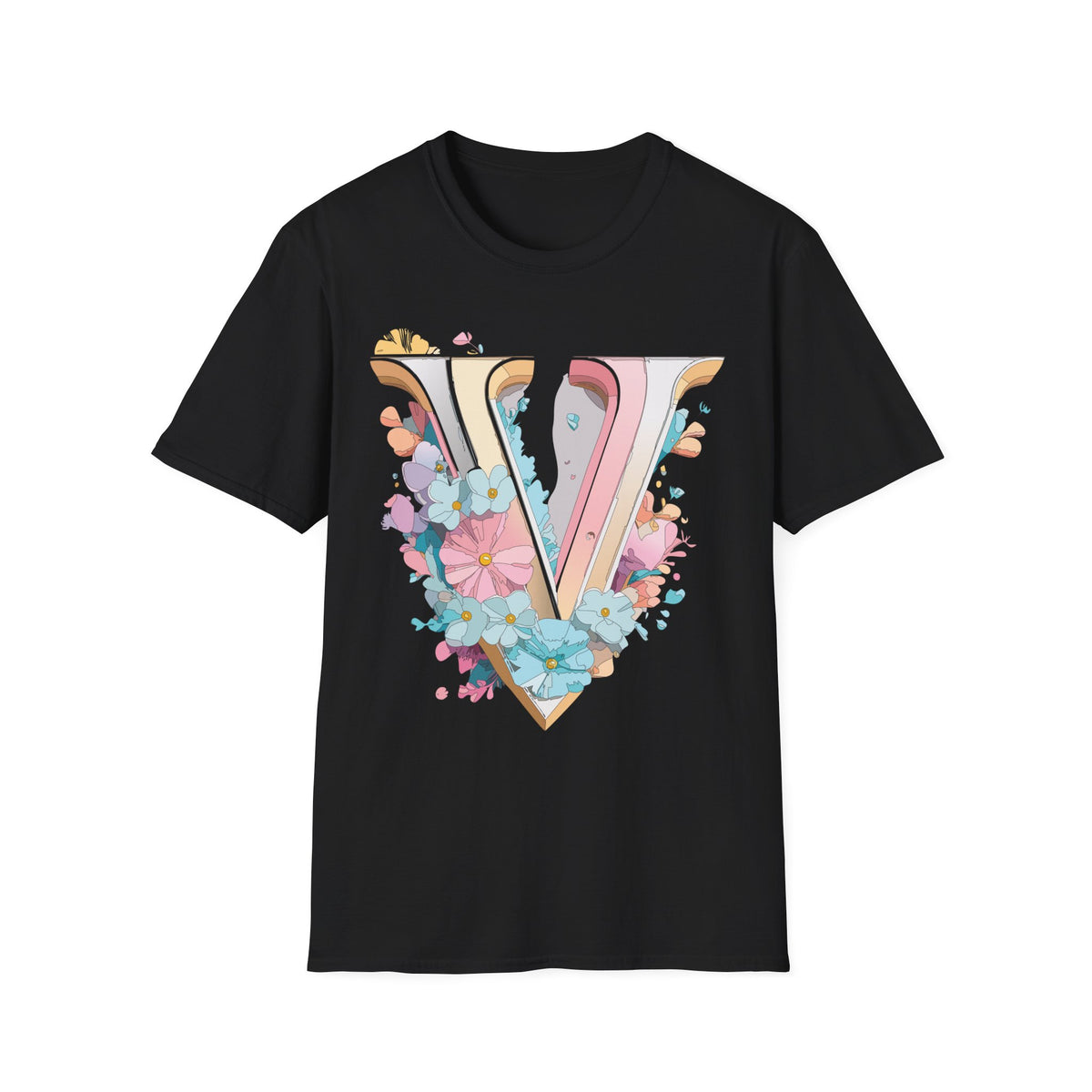 Floral Letter V T-Shirt | Pastel Vintage Monogram Tee