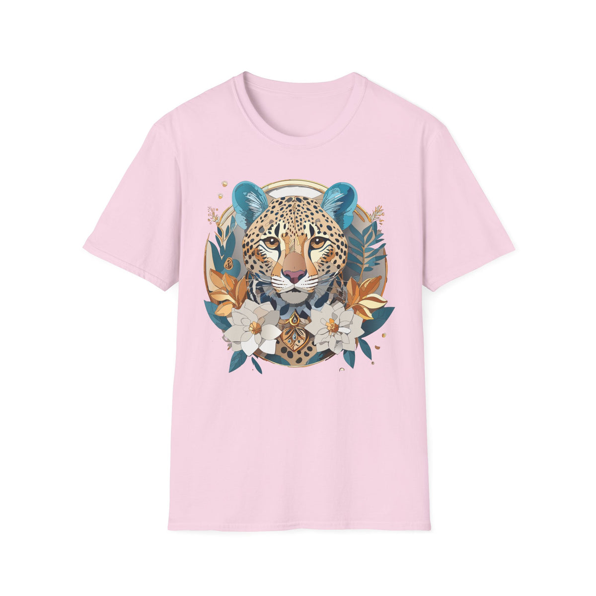 Boho Cheetah Face T-Shirt | Floral Leaves Illustration