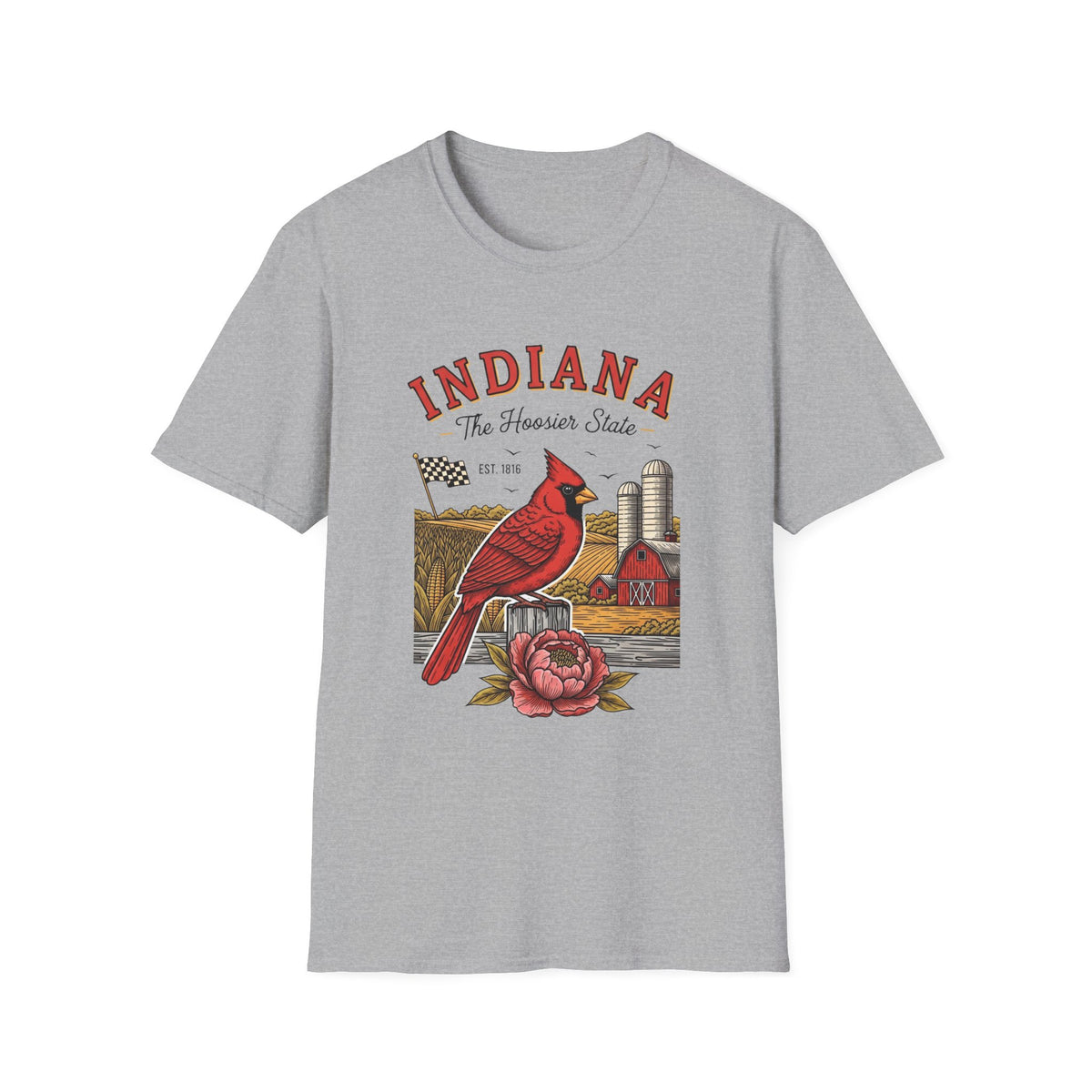 Indiana Cardinal Bird Farm Tee — Indiana The Hoosier State Graphic Travel Tourist Graphic Design Unisex 100 Cotton Gildan T-Shirt