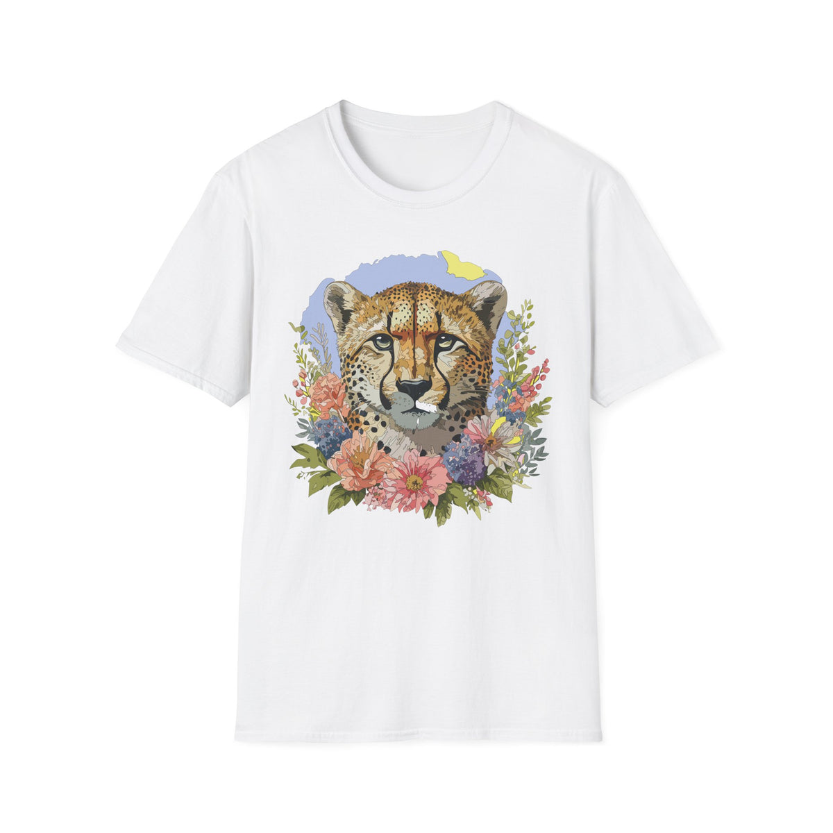 Cheetah Face Floral Illustration T-Shirt | Wildlife Animal Tee