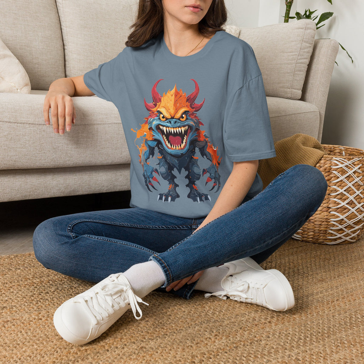 Monster T-Shirt — Fiery Demon Creature Cartoon Graphic Tee Unisex 100 Cotton Gildan T-Shirt