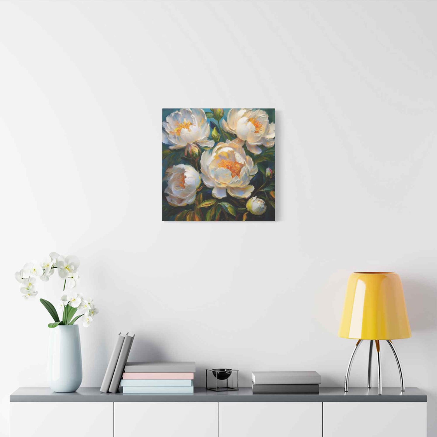 White Peonies Print Canvas, Floral Oil Paint Print 20x20, 24x24, 30x30, 32x32, 36x36 Art Design Pine-Wood Inner Frame MC-118