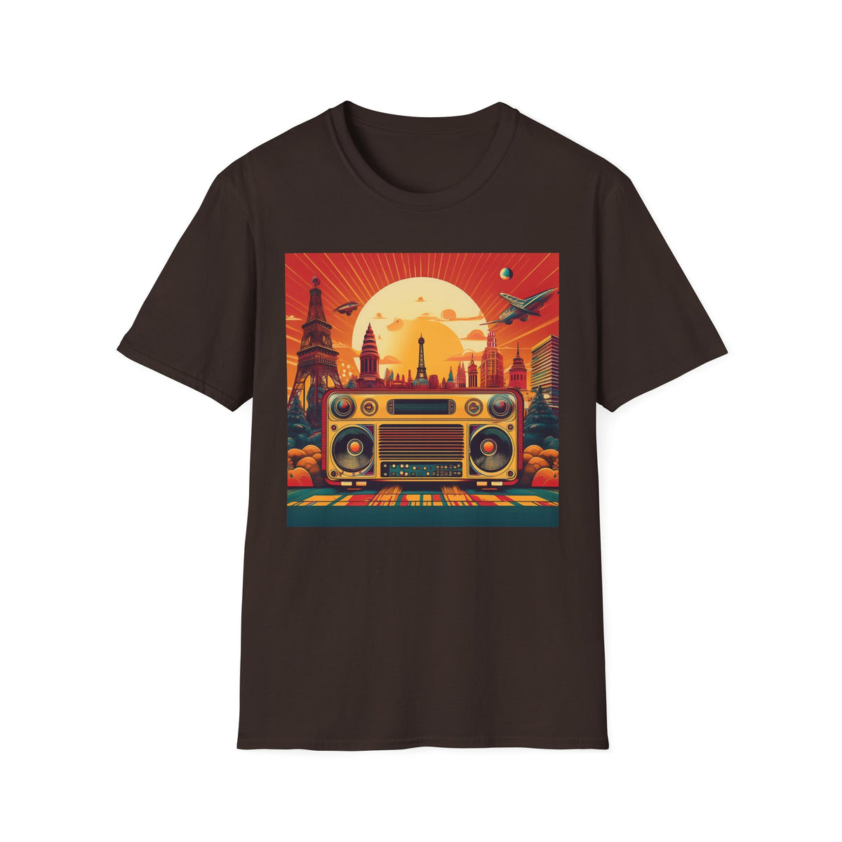 Retro Boombox Sunset Cityscape Graphic Posters, Post Stamps Design Unisex 100 Cotton Gildan T-Shirt