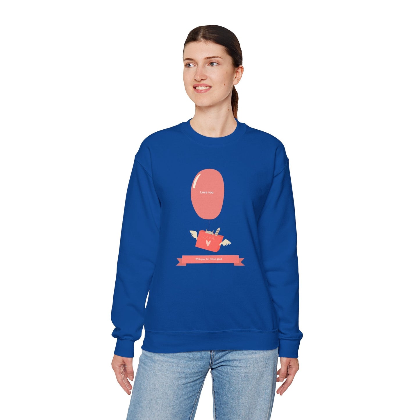 Cat Love Balloon Sweatshirt Unisex Fifty Fifty Cotton Poly Valentine Heavy Blend Crewneck Sweatshirt