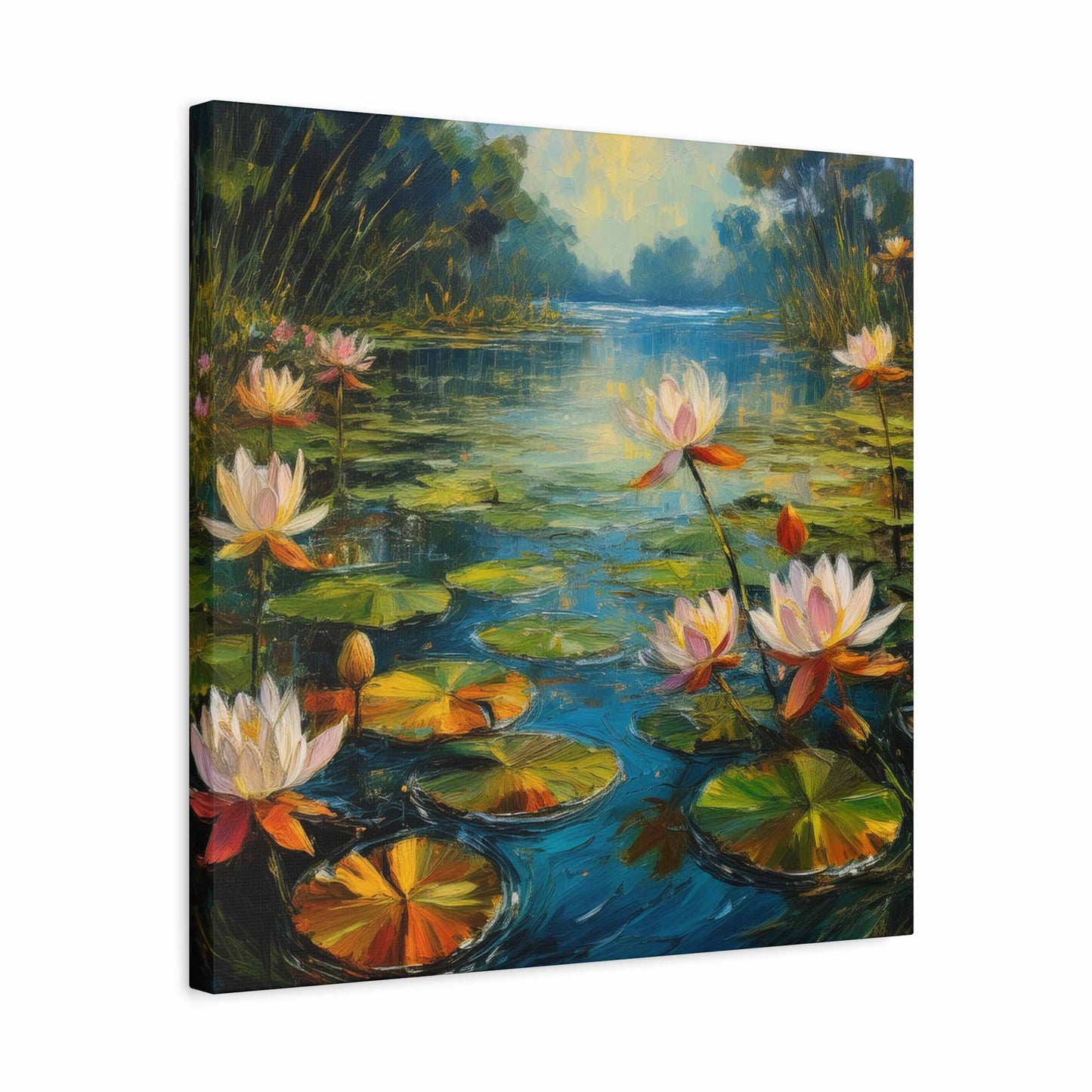 Water Lilies Print Canvas, Oil Paint Print 20x20, 24x24, 30x30, 32x32, 36x36 Art Design Print Pine-Wood Inner Frame MC-62