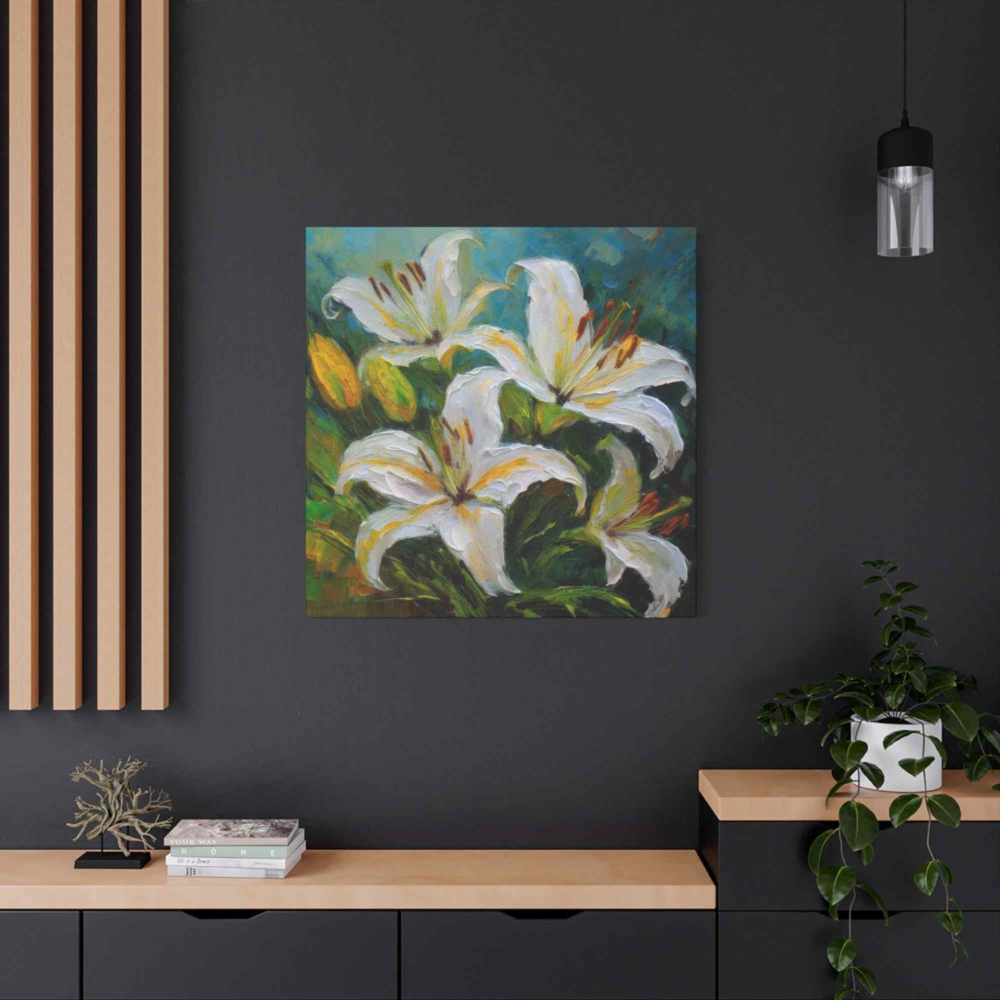 White Lilies Print Canvas, Floral Oil Paint Print 20x20, 24x24, 30x30, 32x32, 36x36 Art Design Pine-Wood Inner Frame MC-153