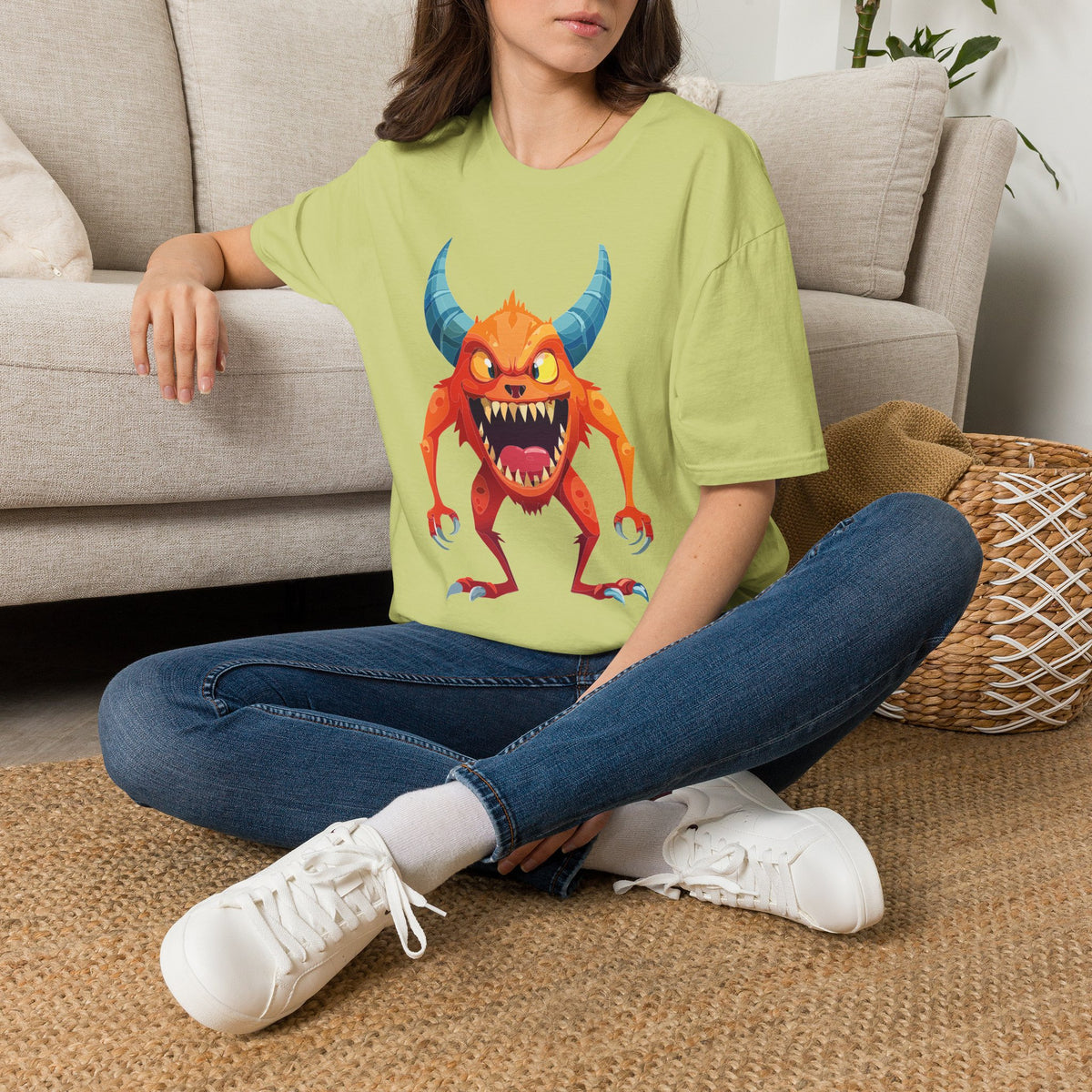 Orange Horned Monster T-Shirt — Cute Scary Cartoon Tee for Kids & Halloween Cartoon Graphic Tee Unisex 100 Cotton Gildan T-Shirt