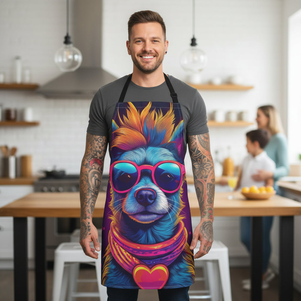 Colorful Cool Dog Apron — Neon Sunglasses & Heart Design Stain-Resistant - Art Print Canvas Apron