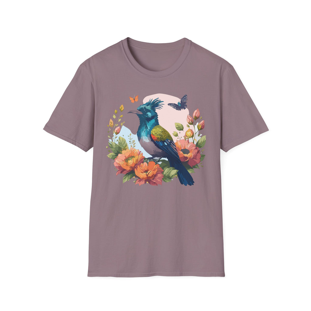 Colorful Crested Bird T-Shirt | Floral Bird Illustration, Spring Nature Tee