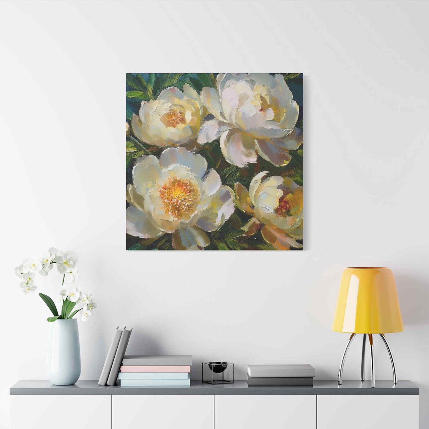 Cream Peonies Print Canvas, Floral Oil Paint Print 20x20, 24x24, 30x30, 32x32, 36x36 Art Design Pine-Wood Inner Frame MC-124
