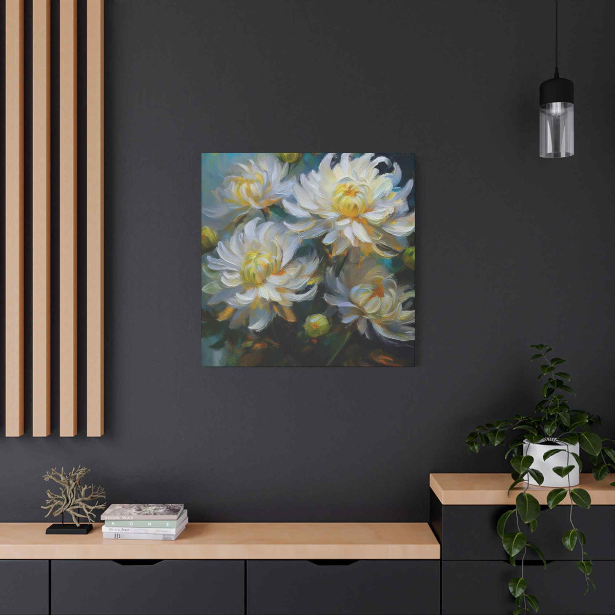 Chrysanthemums Print Canvas, Floral Oil Paint Print 20x20, 24x24, 30x30, 32x32, 36x36 Art Design Pine-Wood Inner Frame MC-159