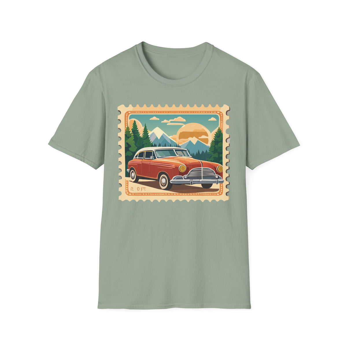 Vintage Road Trip Car T-Shirt | Retro Mountain Sunset Stamp Design