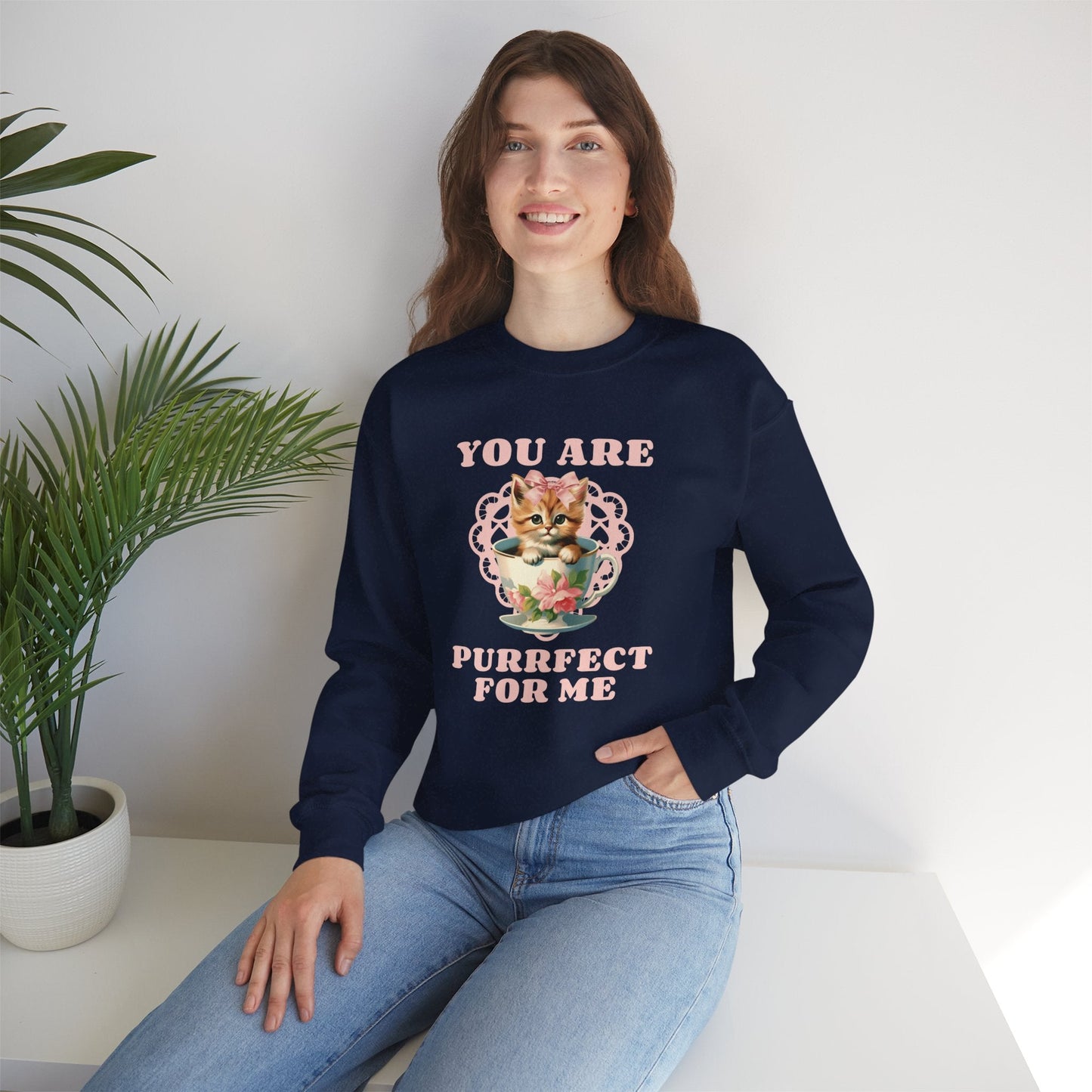 Cat Sweatshirt With Heart Print Valentines Day Unisex 50 50 Cotton Poly Crewneck