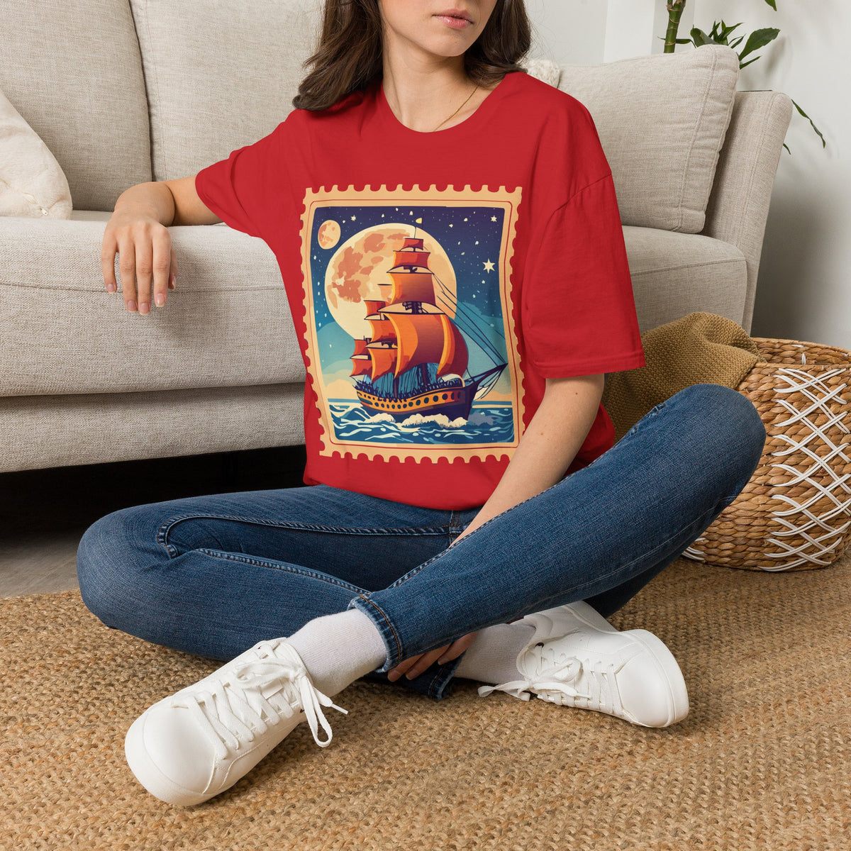 Vintage Sailing Ship T‑Shirt — Nautical Stamp Moonlight Travel Post Graphic Design Unisex 100 Cotton Gildan T-Shirt