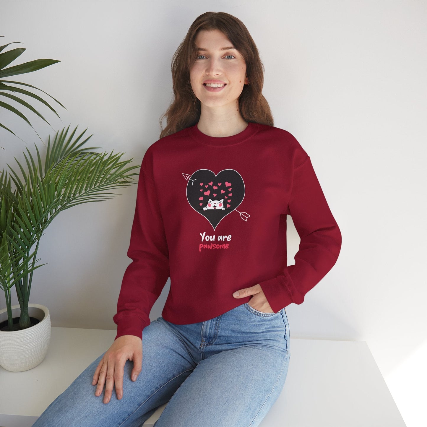 Cat Heart Sweatshirt Valentines Day Fifty Fifty Cotton Poly Unisex Crewneck Gift Idea