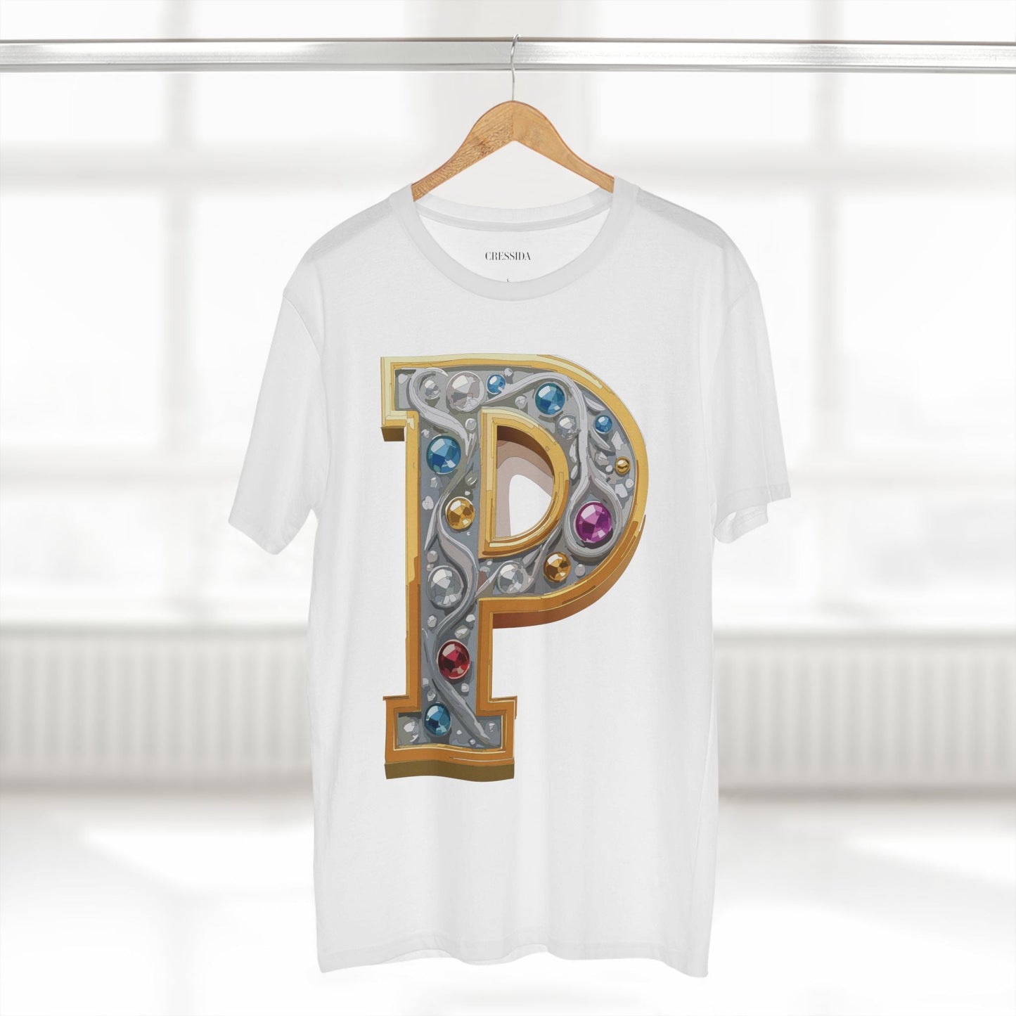 Letter P Graphic Design Tee Unisex 100 Cotton With Antique Gold Letters Artwork T-Shirt