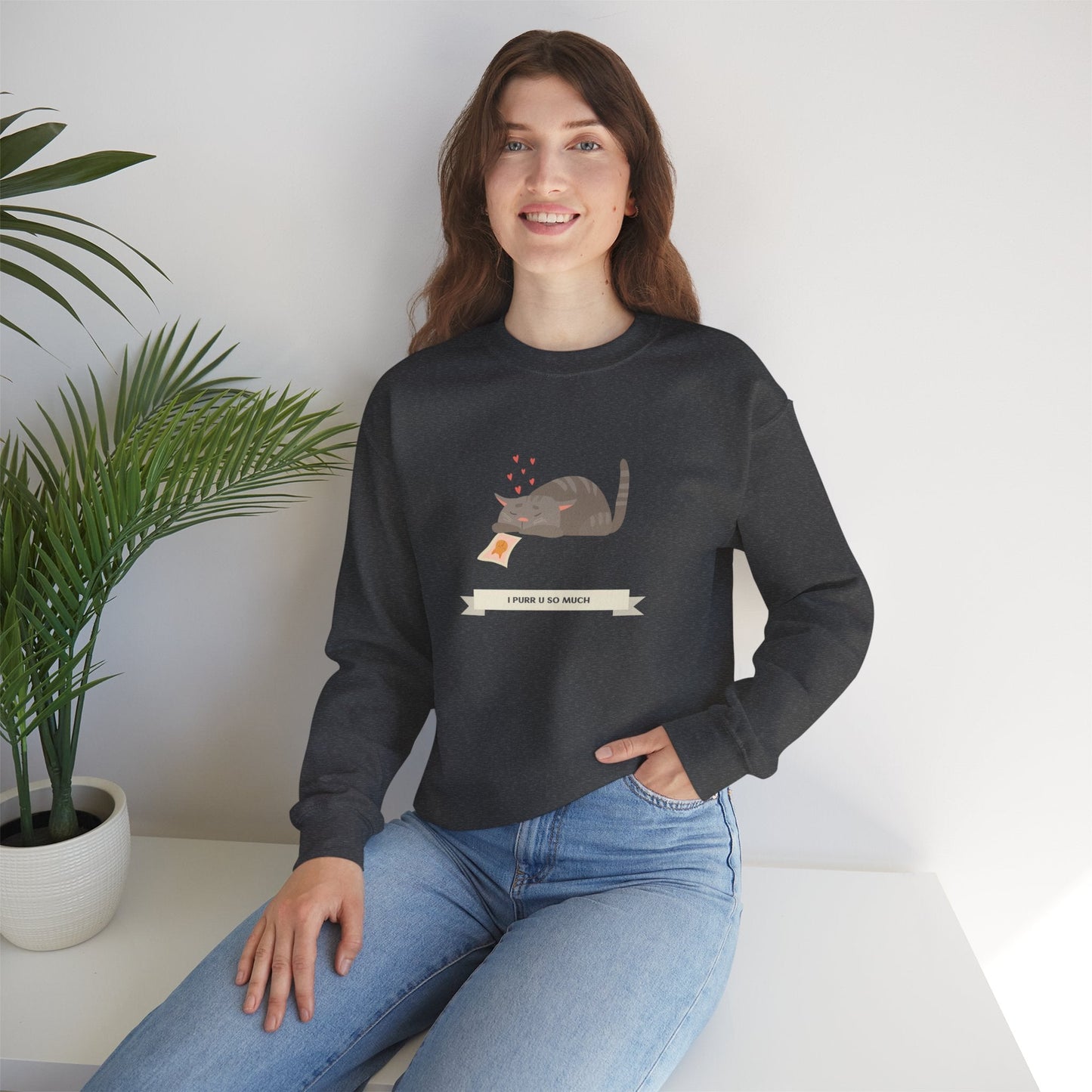 Cat Heart Sweatshirt Unisex 50/50 Cotton Poly Valentine Day Crewneck Gildan 18000