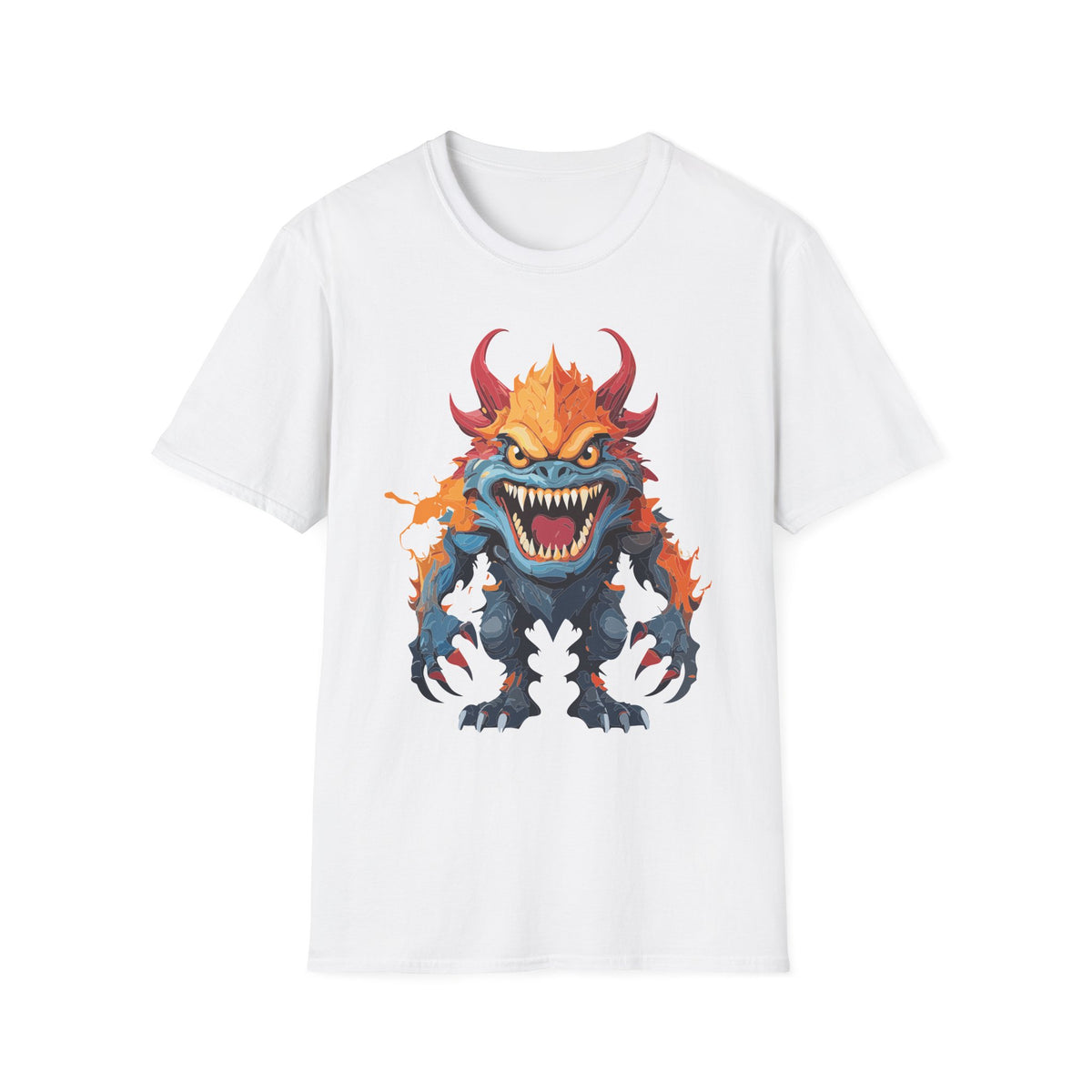 Monster T-Shirt — Fiery Demon Creature Cartoon Graphic Tee Unisex 100 Cotton Gildan T-Shirt