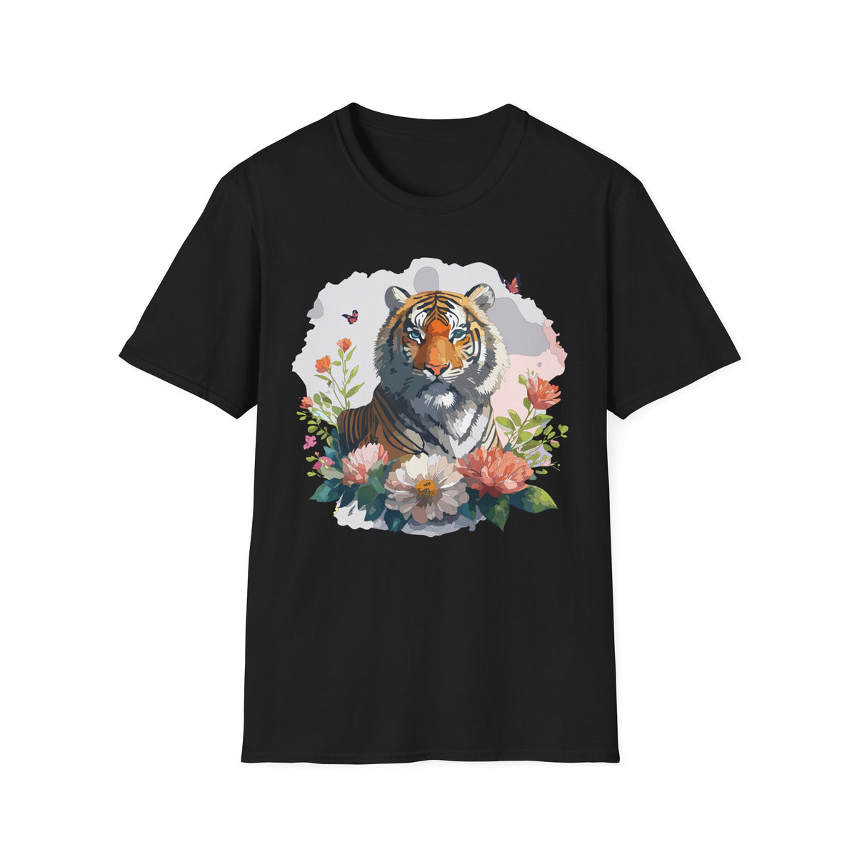 Floral Tiger Illustration T-Shirt | Tiger Portrait Tee, Butterfly Accents