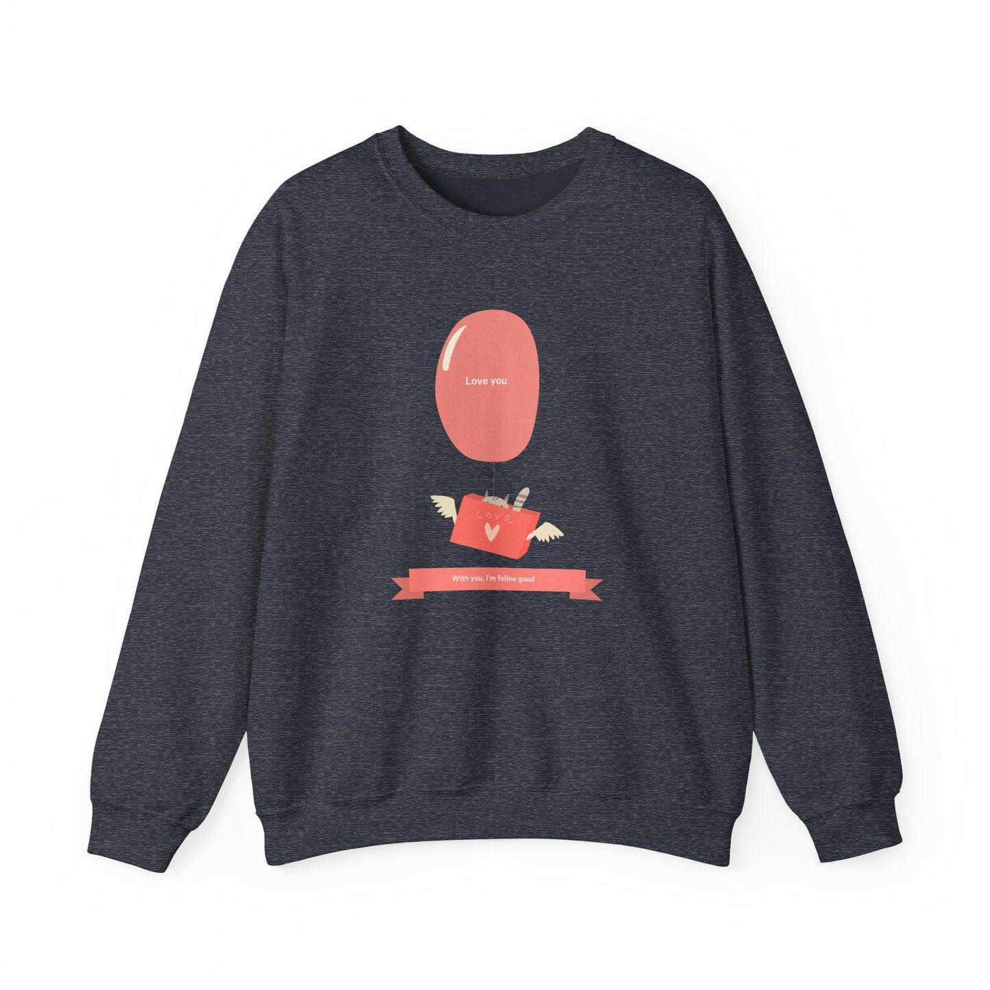 Cat Love Balloon Sweatshirt Unisex Fifty Fifty Cotton Poly Valentine Heavy Blend Crewneck Sweatshirt
