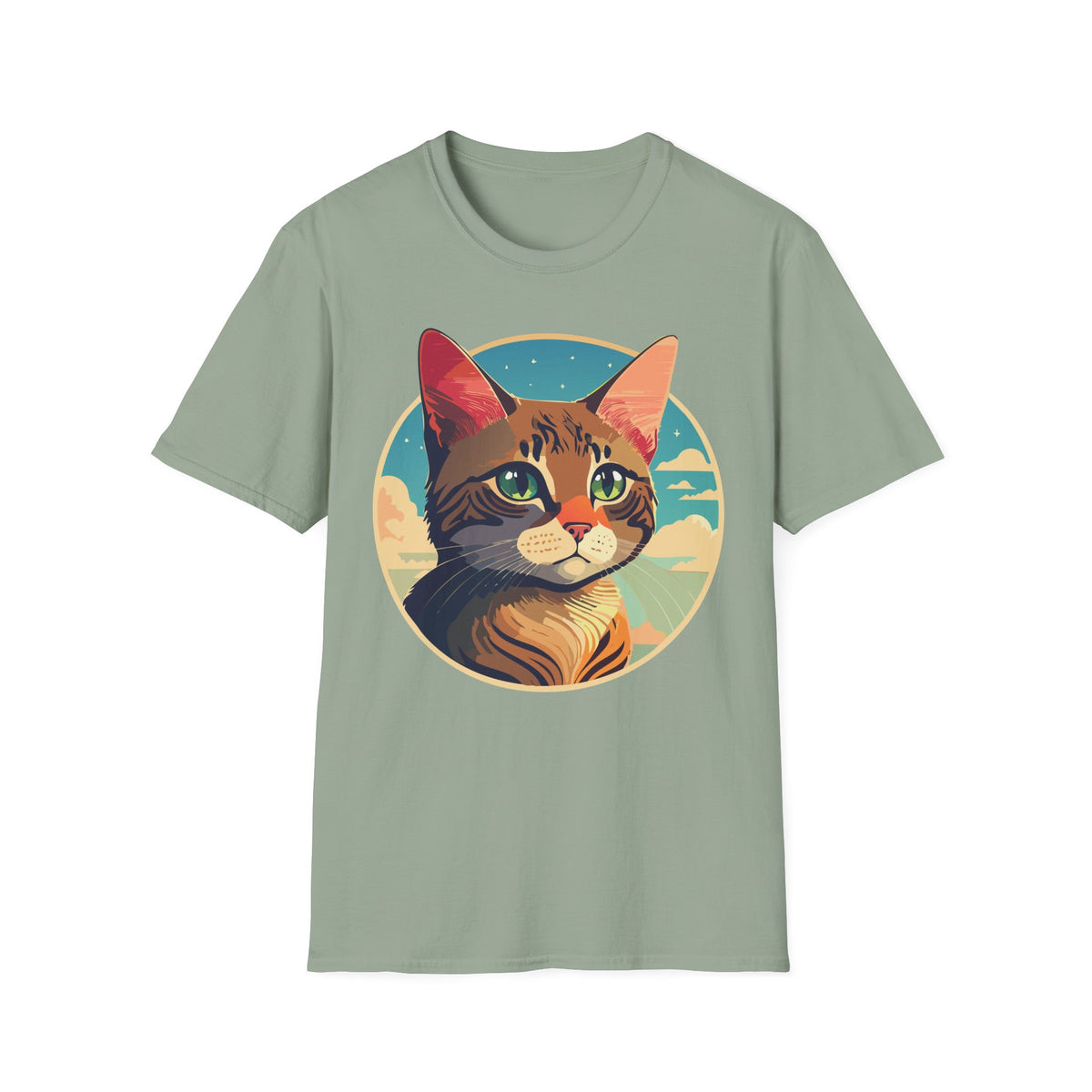Retro Sunset Tabby Cat T-Shirt | Vintage Cat Portrait, Nautical Sky
