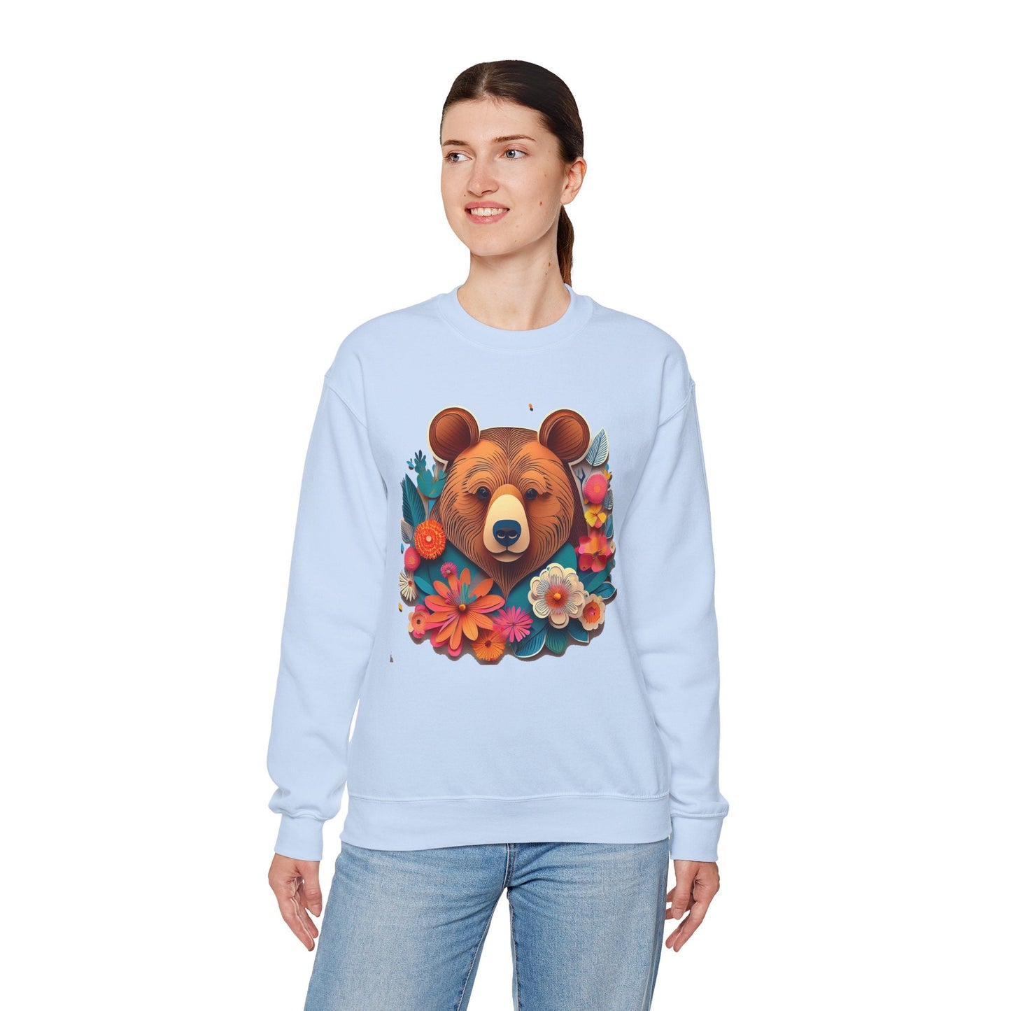 Unisex Floral Bear Sweatshirt Art Design Gildan 18000 Heavy Blend Crewneck