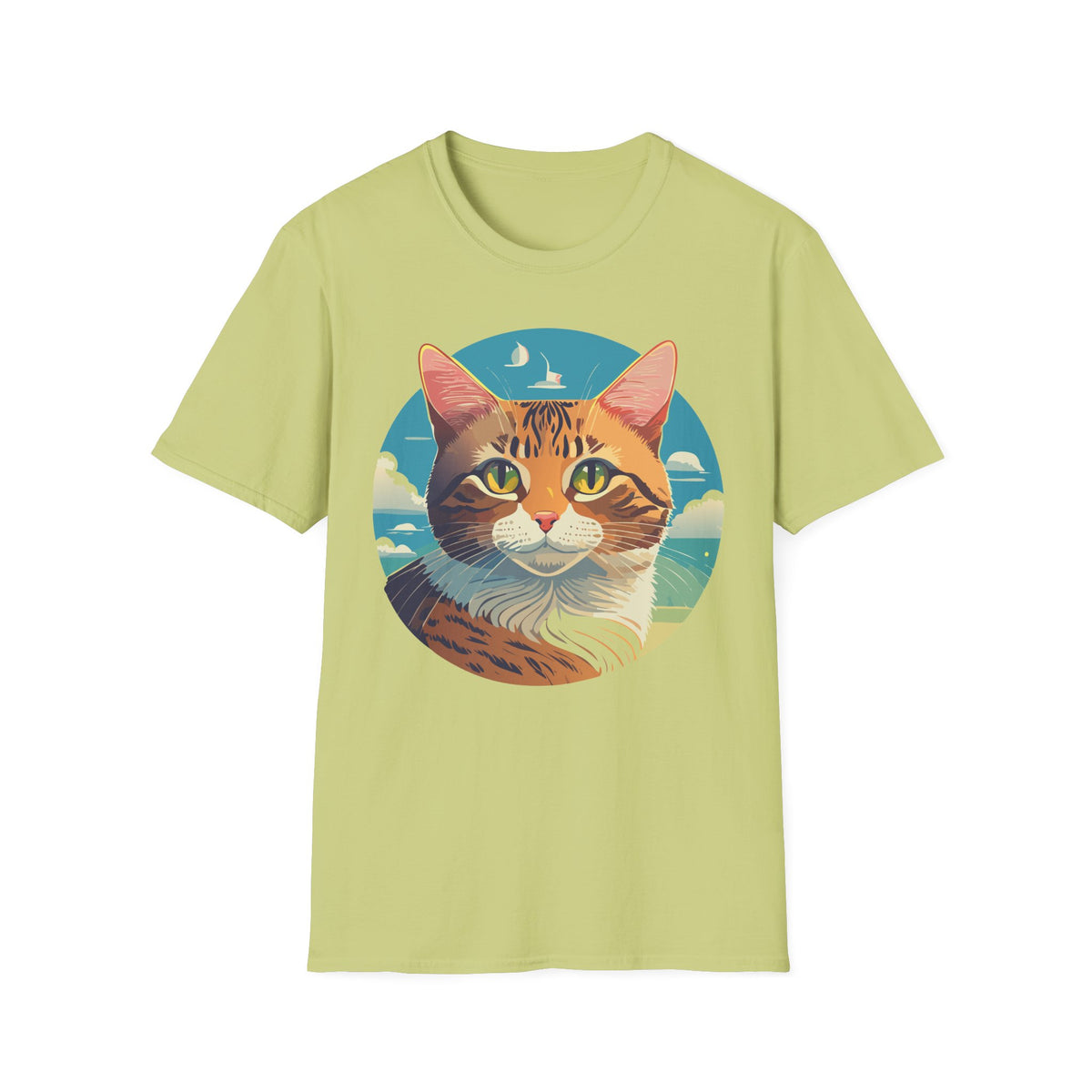 Sunset Tabby Cat T-Shirt | Cat Portrait Tee, Beach Sky Illustration