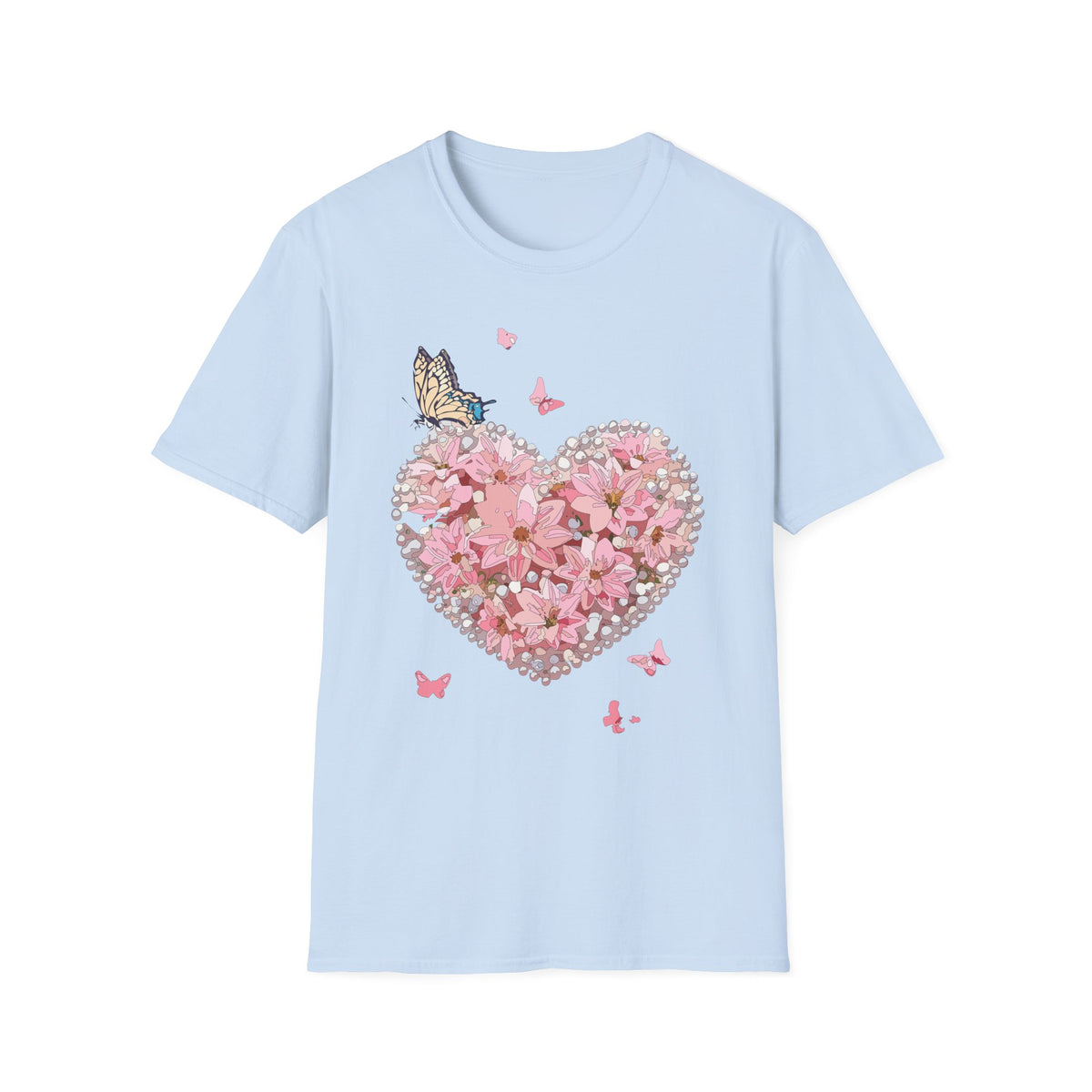 Pink Floral Heart with Butterfly T-Shirt | Spring Floral Graphic Tee Unisex 100 Cotton Gildan T-Shirt