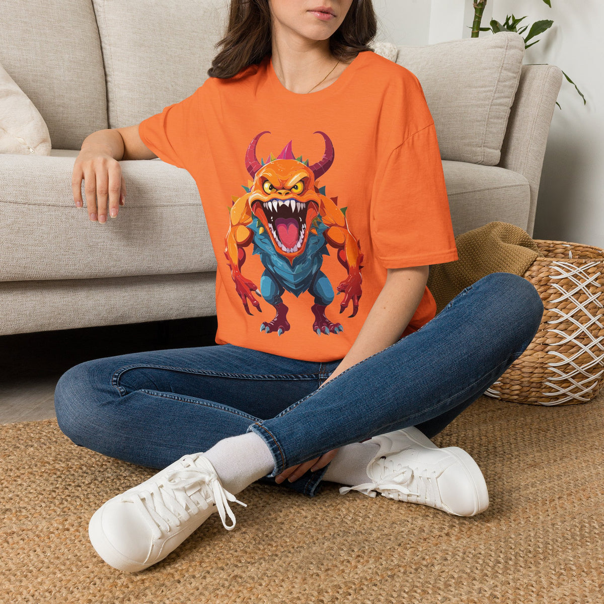 Monster Graphic T-Shirt — Fierce Orange Demon Design Cartoon Graphic Tee Unisex 100 Cotton Gildan T-Shirt
