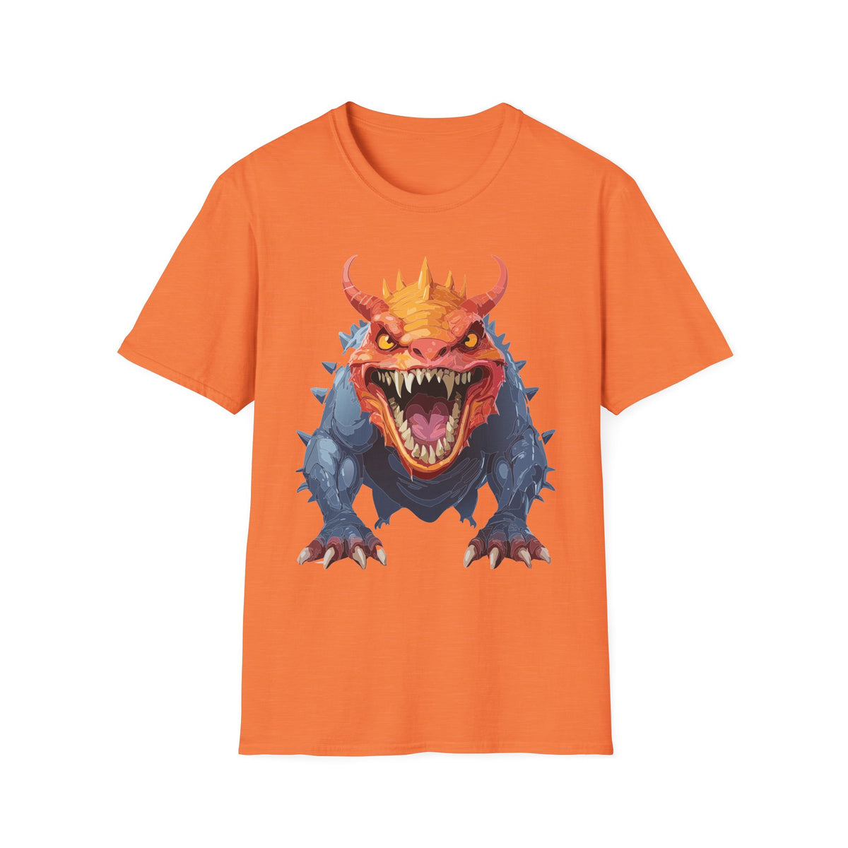 Dragon Monster T-Shirt — Fierce Orange & Blue Fantasy Creature Cartoon Graphic Tee Unisex 100 Cotton Gildan T-Shirt
