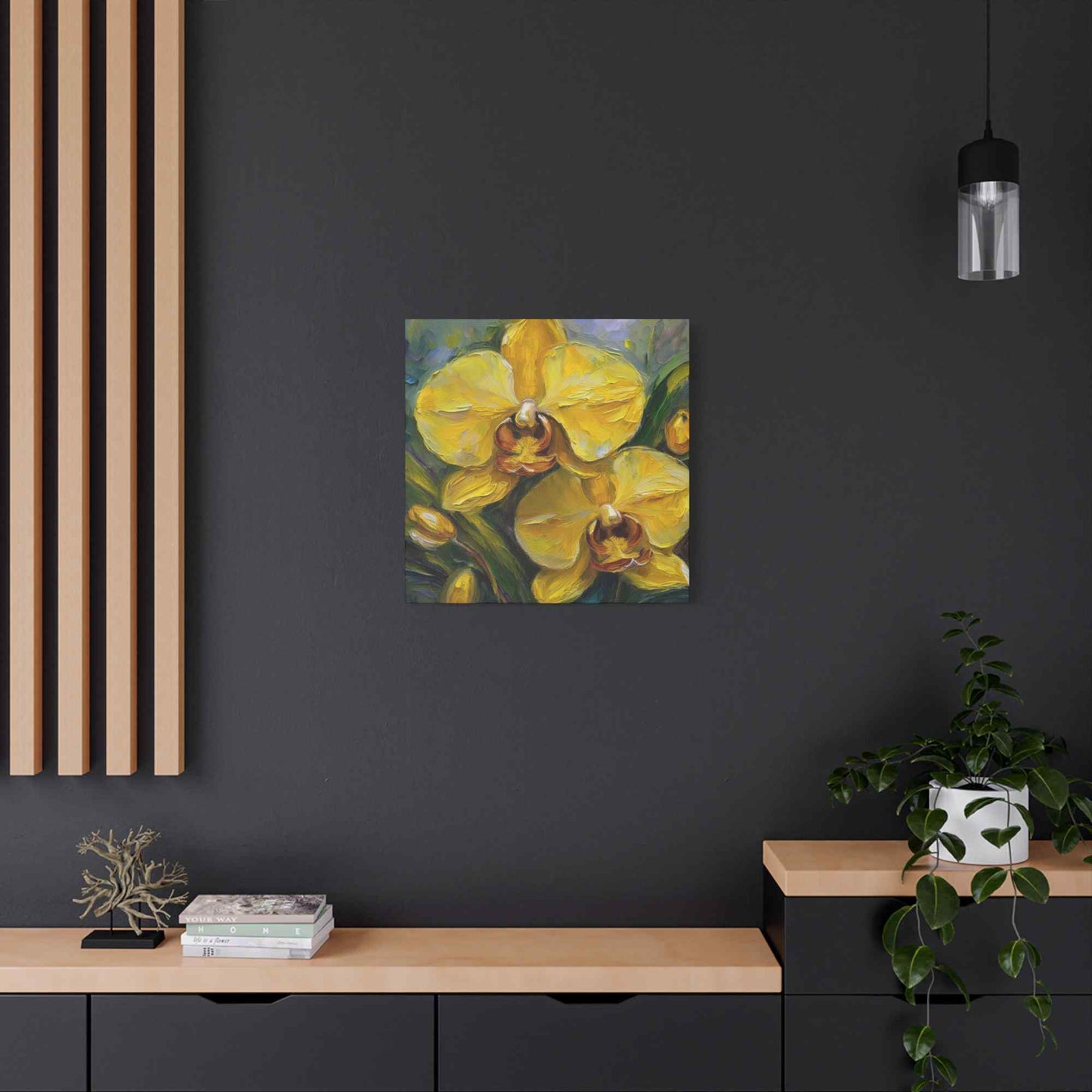 Yellow Orchids Print Canvas, Floral Oil Paint Print 20x20, 24x24, 30x30, 32x32, 36x36 Art Design Pine-Wood Inner Frame MC-140