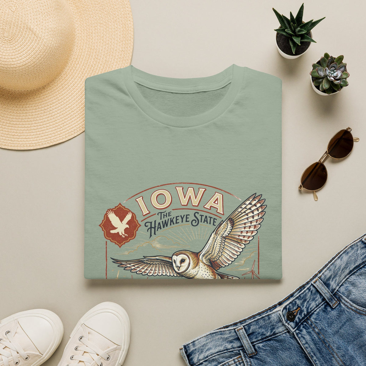 Iowa Owl Hawkeye State Vintage Graphic Tee - Travel Tourist Graphic Design Unisex 100 Cotton Gildan T-Shirt