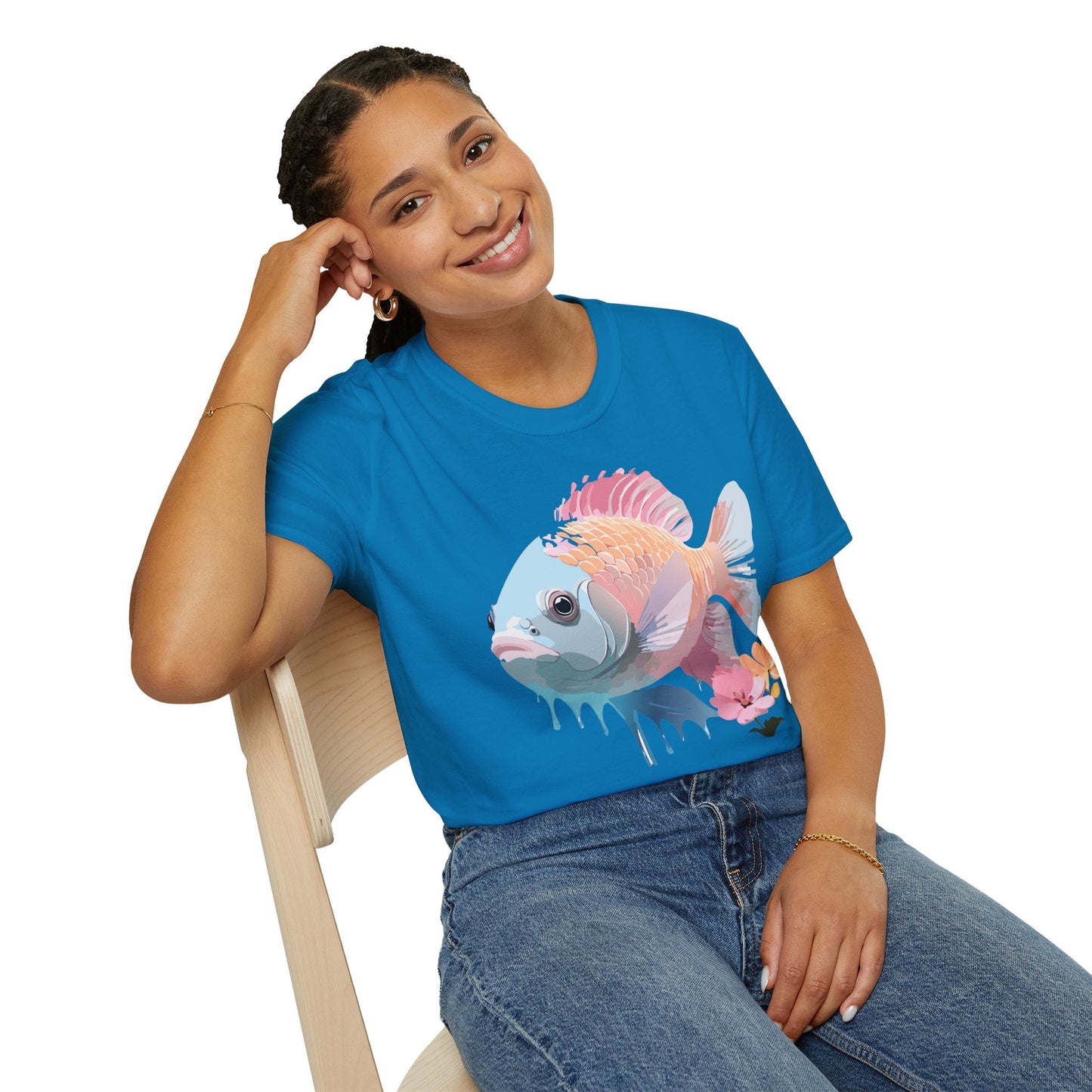 Fish Art Design Shirt Unisex Graphic Tee 100 Percent Ring Spun Cotton Softstyle Gildan 64000