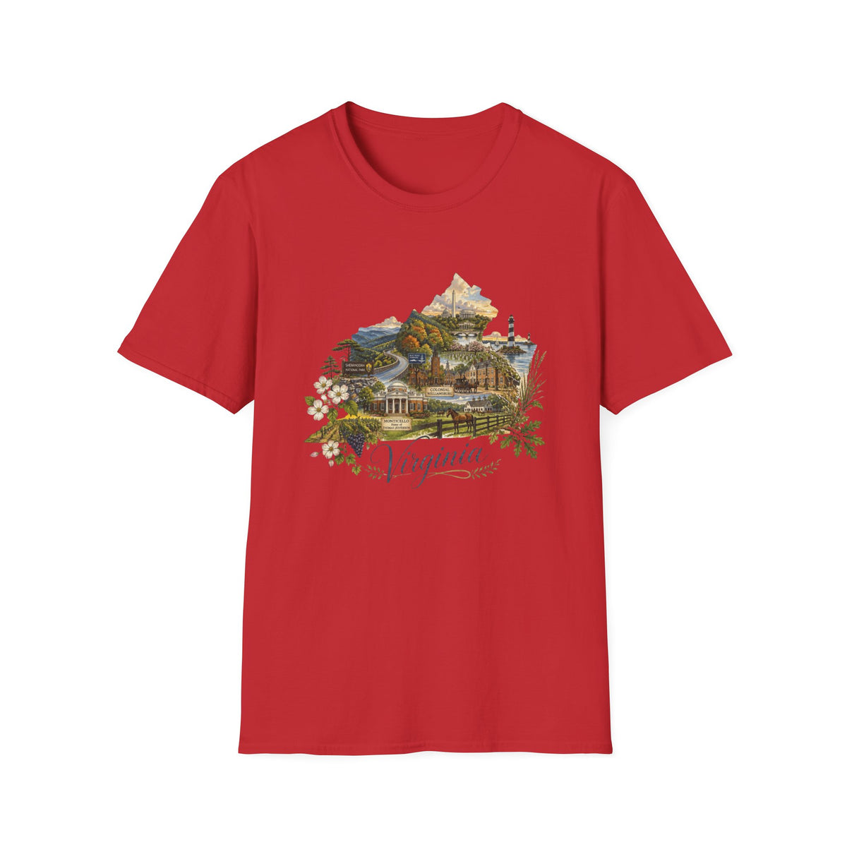 Virginia State Scenic T-Shirt — Vintage Mountains & Coastal Landmarks Travel Tourist Graphic Design Unisex 100 Cotton Gildan T-Shirt