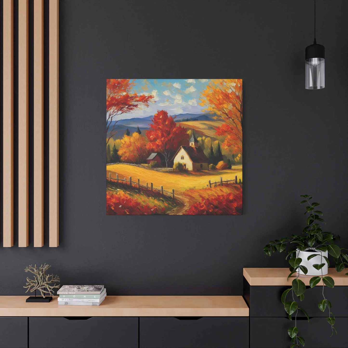 Countryside Fall Print Canvas, Oil Paint Print 20x20, 24x24, 30x30, 32x32, 36x36 Art Design Pine-Wood Inner Frame MC-106