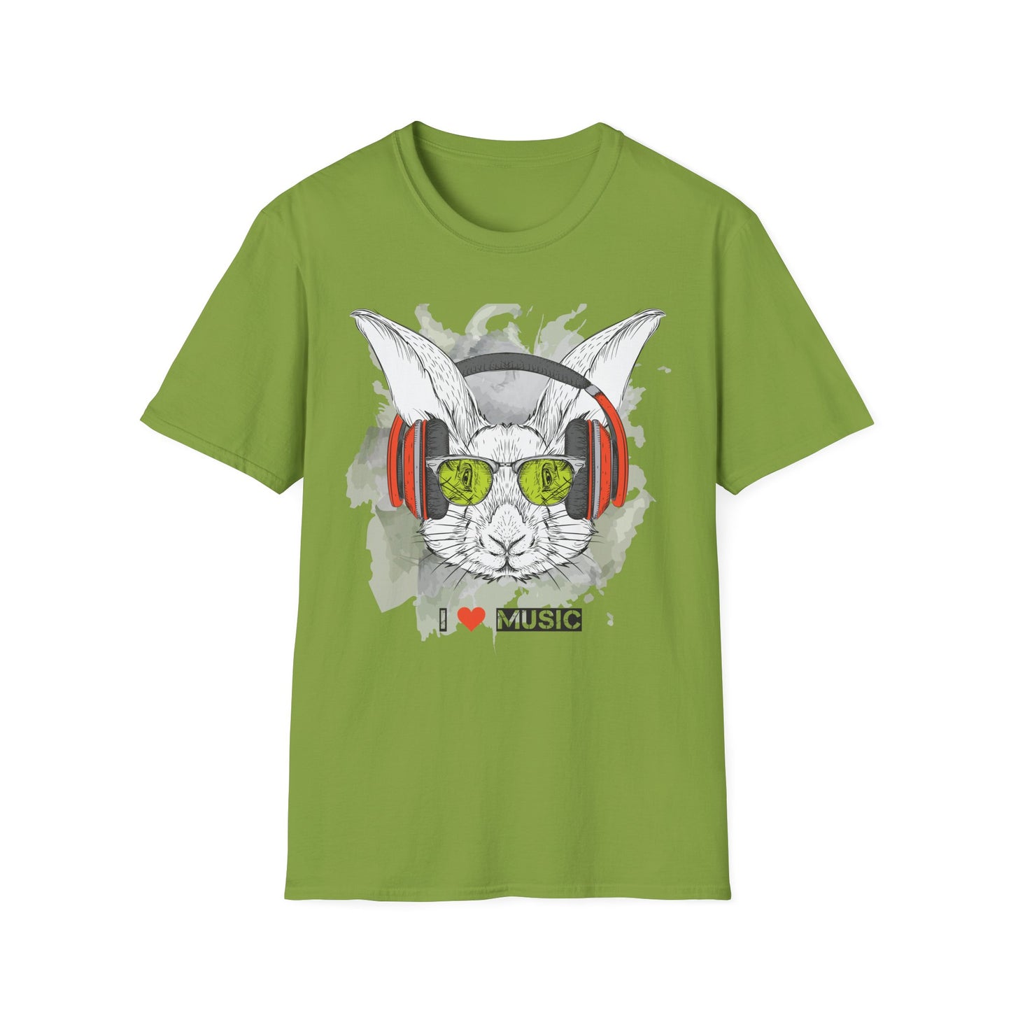 Music Bunny T-Shirt Unisex Cotton Short Sleeves I Love Music Rabbit with Headphones Graphic Tee