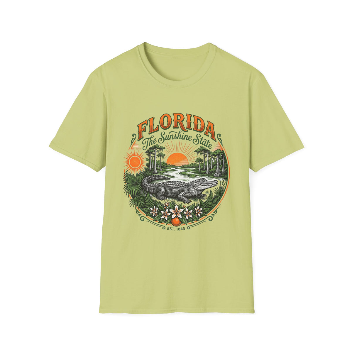 Florida The Sunshine State T-Shirt — Vintage Alligator Sunset Travel Tourist Graphic Design Unisex 100 Cotton Gildan T-Shirt