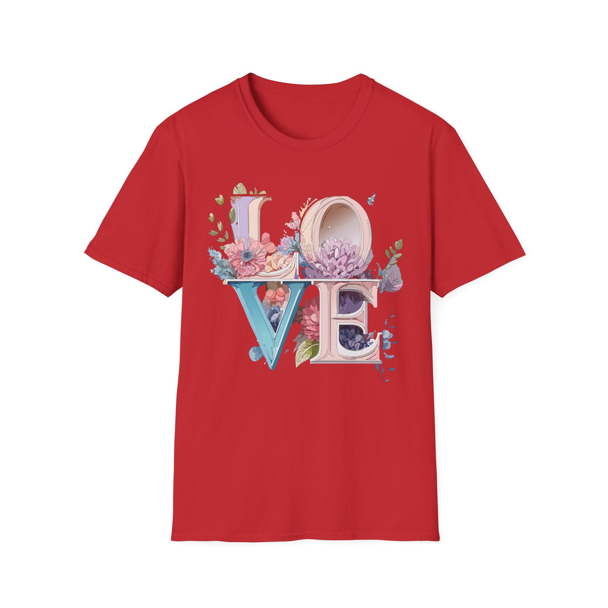 Floral LOVE Typography T-Shirt | Botanical Letter Art, Pastel Bloom Design