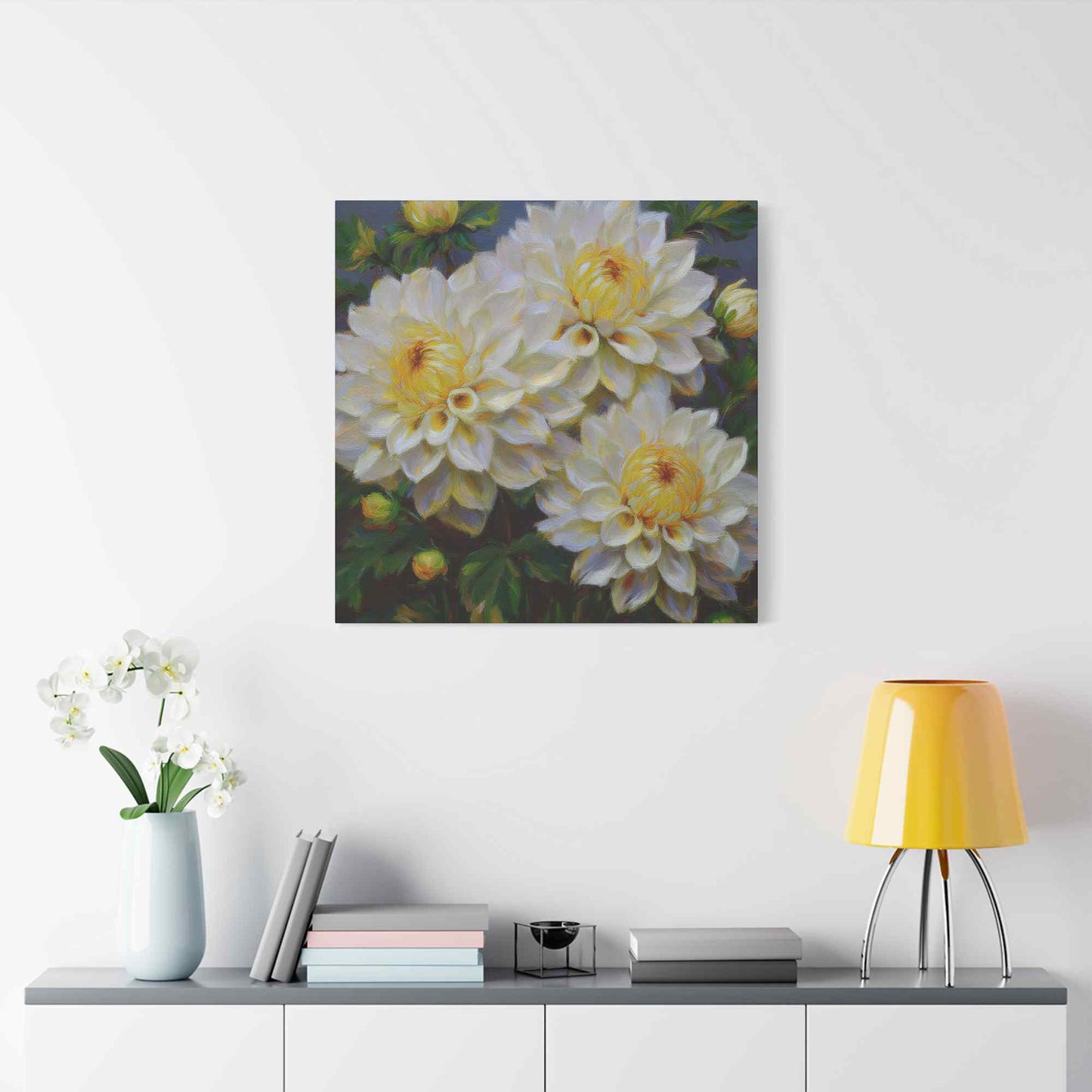 White Dahlias Print Canvas, Floral Oil Paint Print 20x20, 24x24, 30x30, 32x32, 36x36 Art Design Pine-Wood Inner Frame MC-168