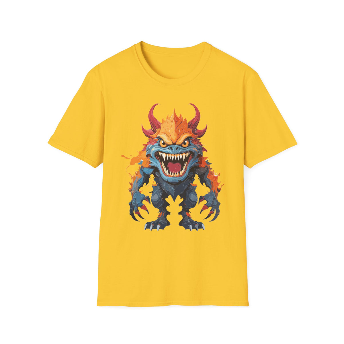 Monster T-Shirt — Fiery Demon Creature Cartoon Graphic Tee Unisex 100 Cotton Gildan T-Shirt