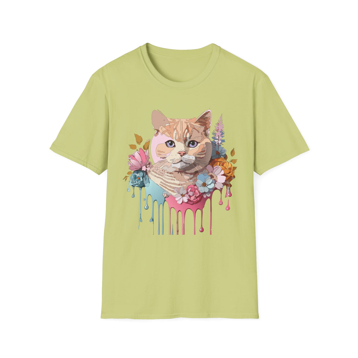 Floral Ginger Cat Portrait T-Shirt | Painted Cat Face with Flowers