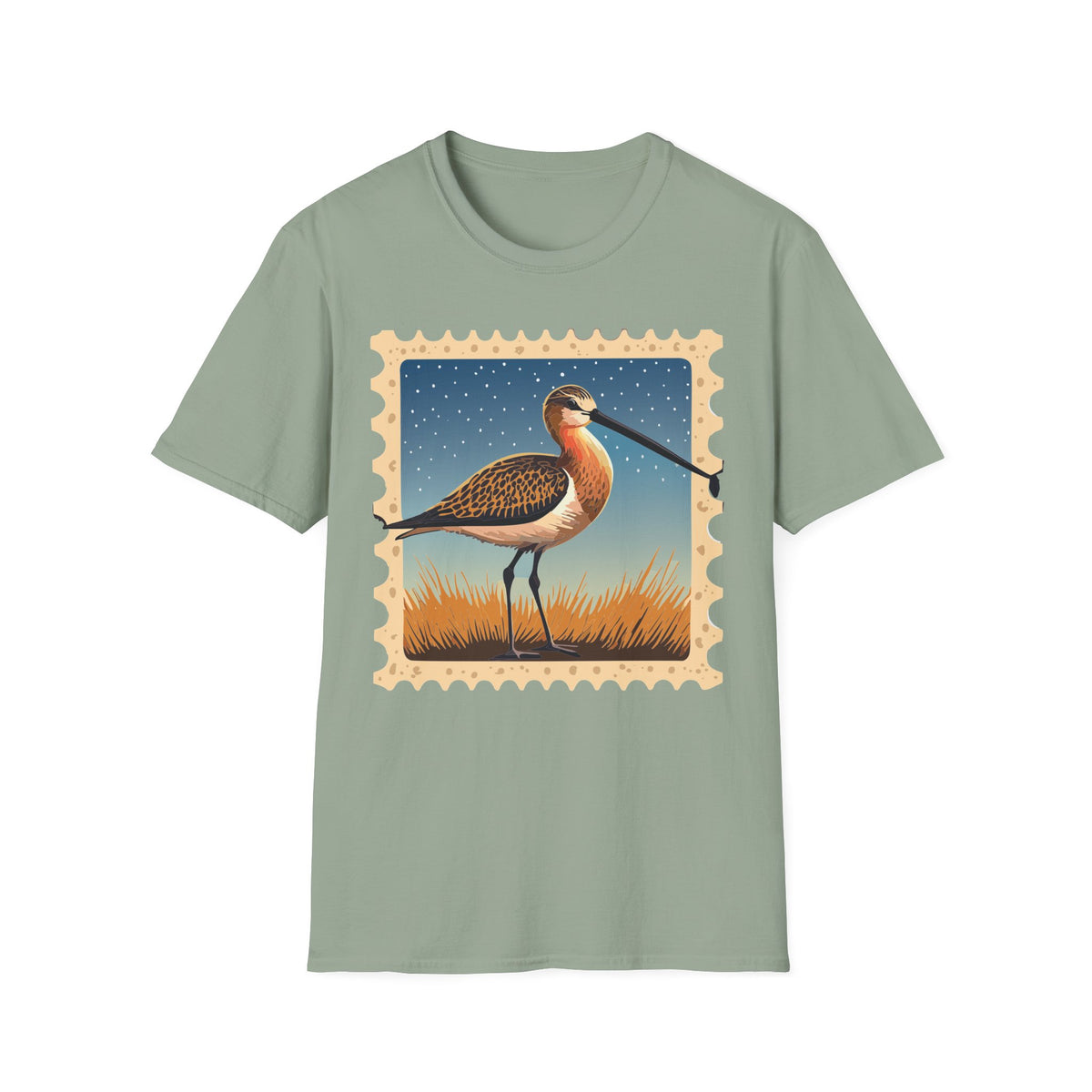 Shorebird Illustration T-Shirt | Vintage Postage Stamp Graphic Tee Unisex 100 Cotton Gildan T-Shirt